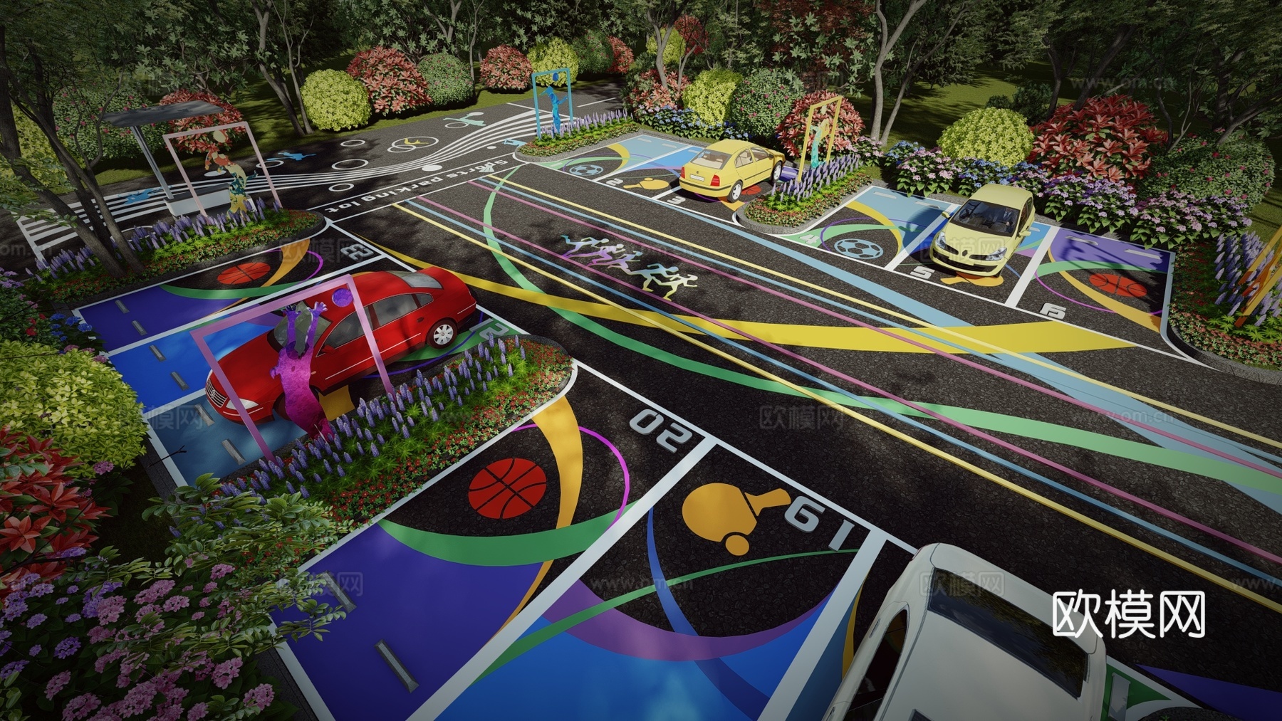 现代户外生态停车场体育运动公园停车场运动创意趣味停车位su模型