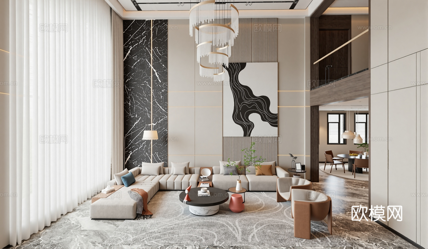 现代别墅客厅 挑高客厅su模型