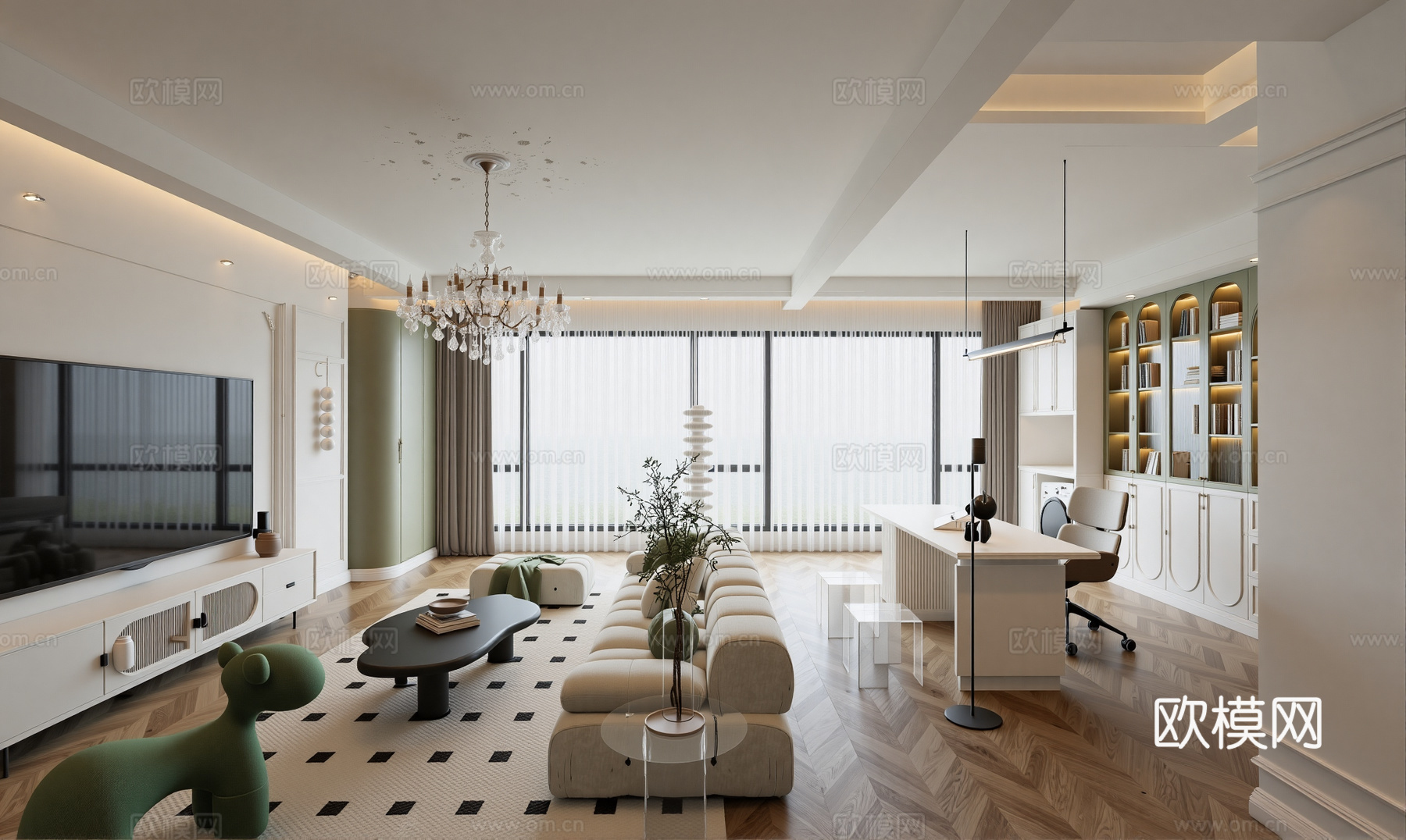 现代轻奢奶油客厅su模型