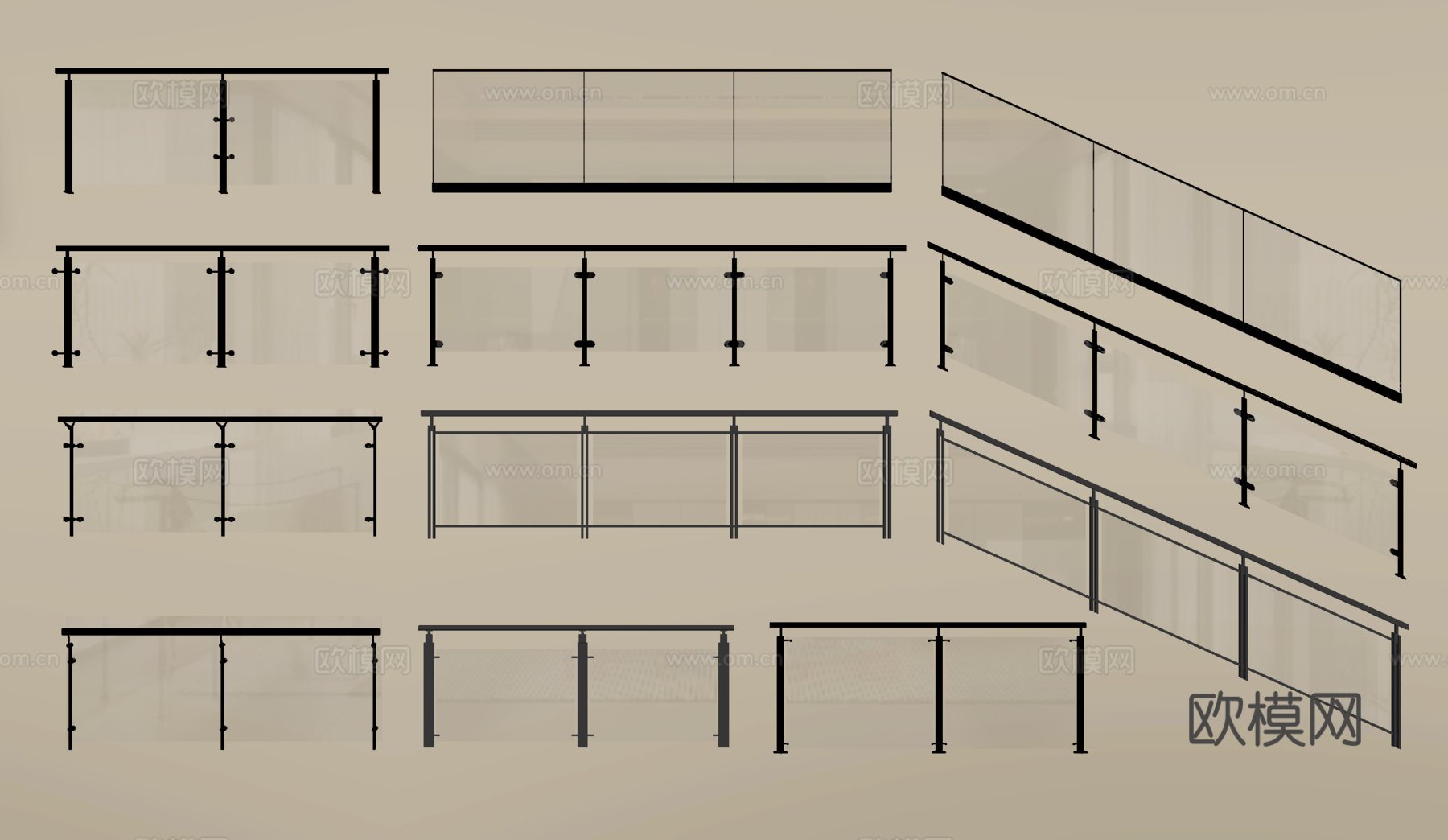 现代围栏护栏 玻璃围栏 栏杆 扶手 阳台护栏su模型