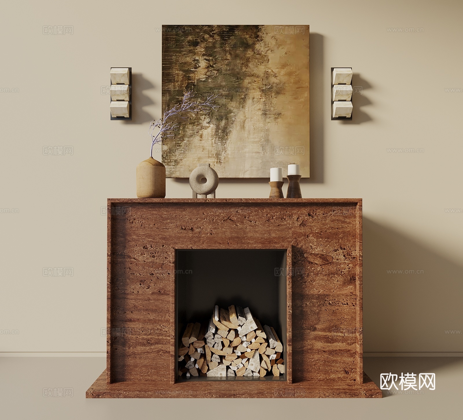 中古侘寂风壁炉 挂画 壁灯 饰品摆件组合3d模型下载
