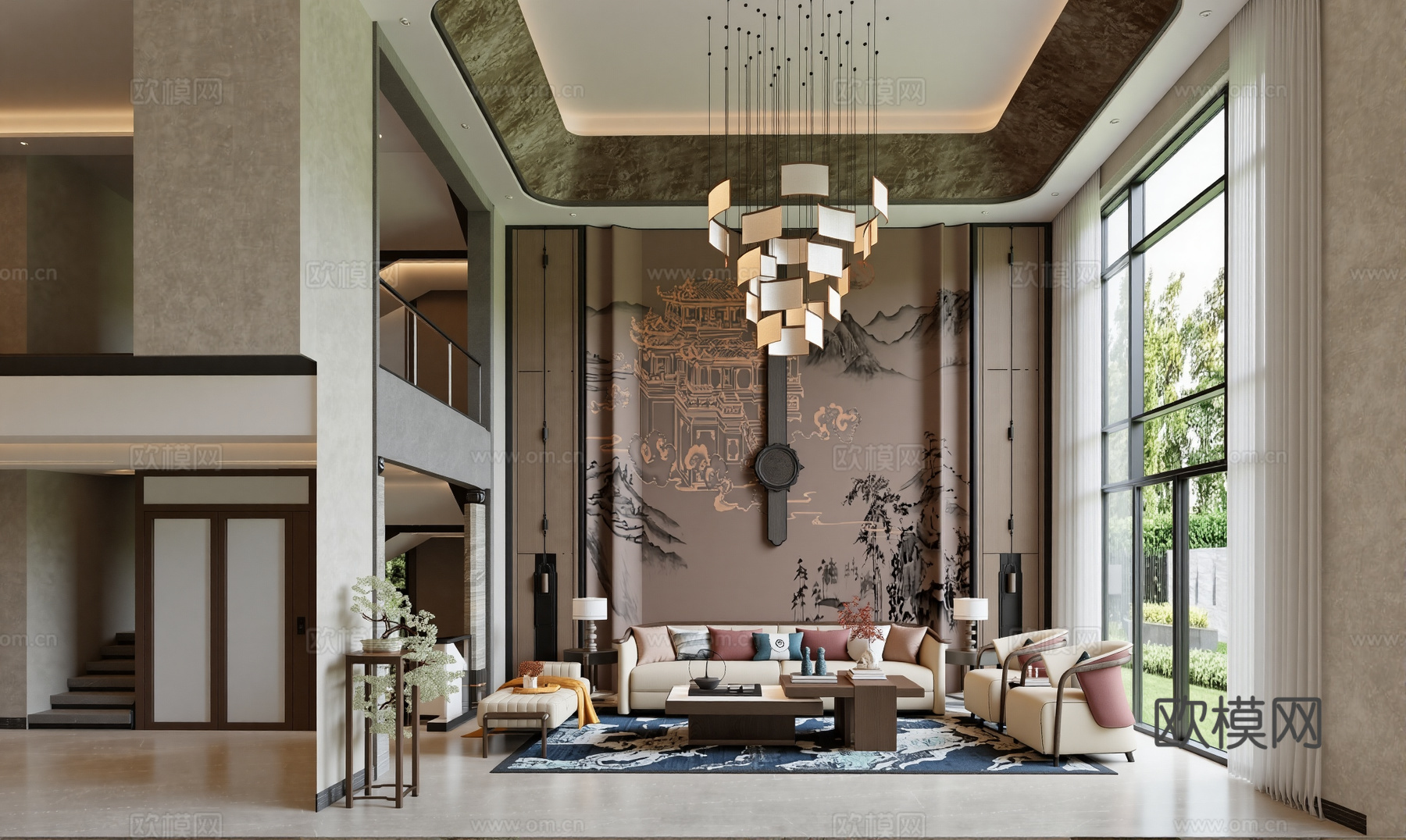 现代新中式客厅su模型