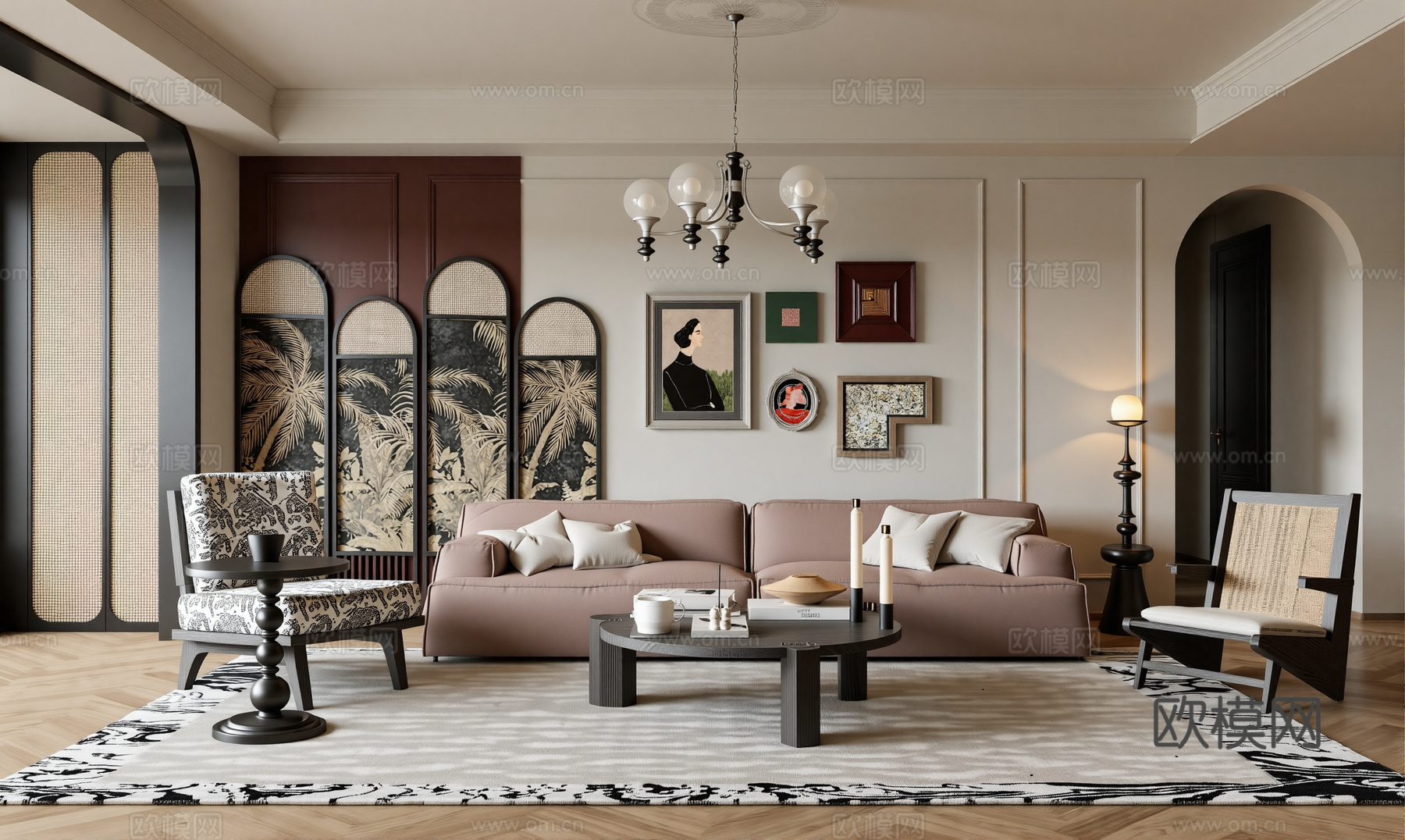 复古美式客厅su模型