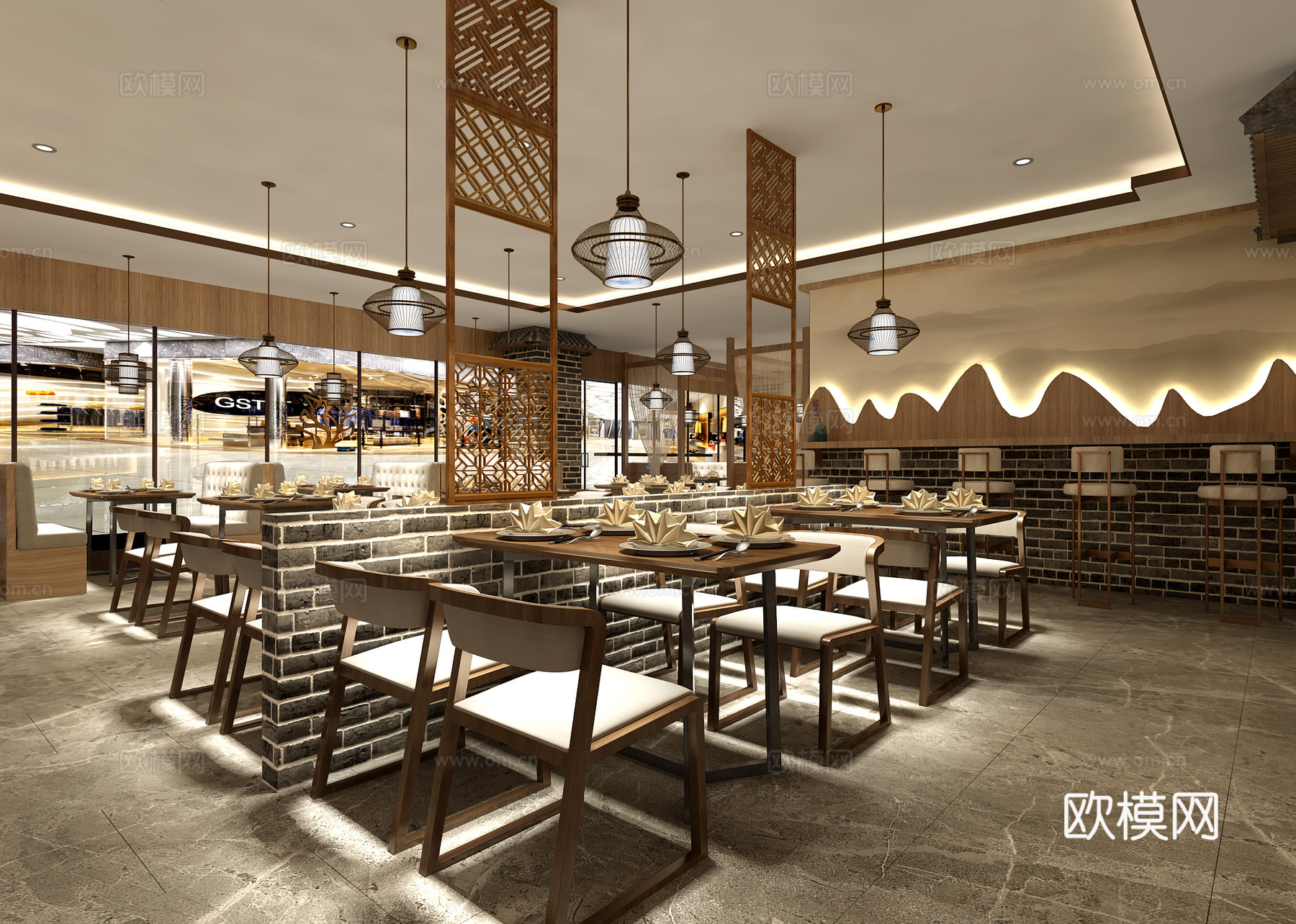 禅意中式餐厅3d模型下载（渲染图2）