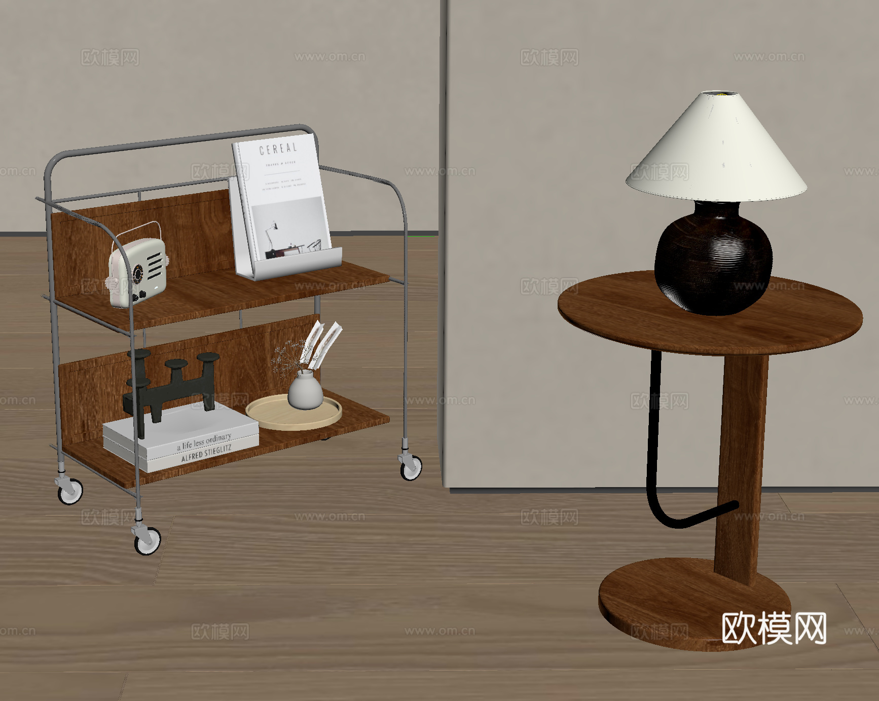 中古风边几 实木边几 台灯 可移动边几置物架su模型