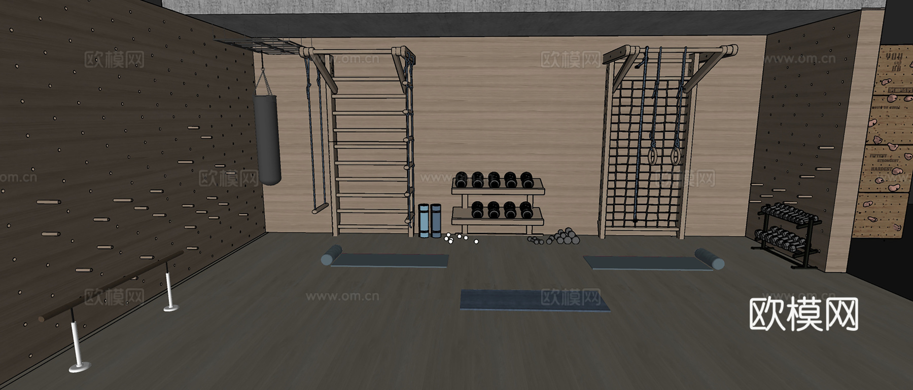 木制现代简约健身房和设备su模型