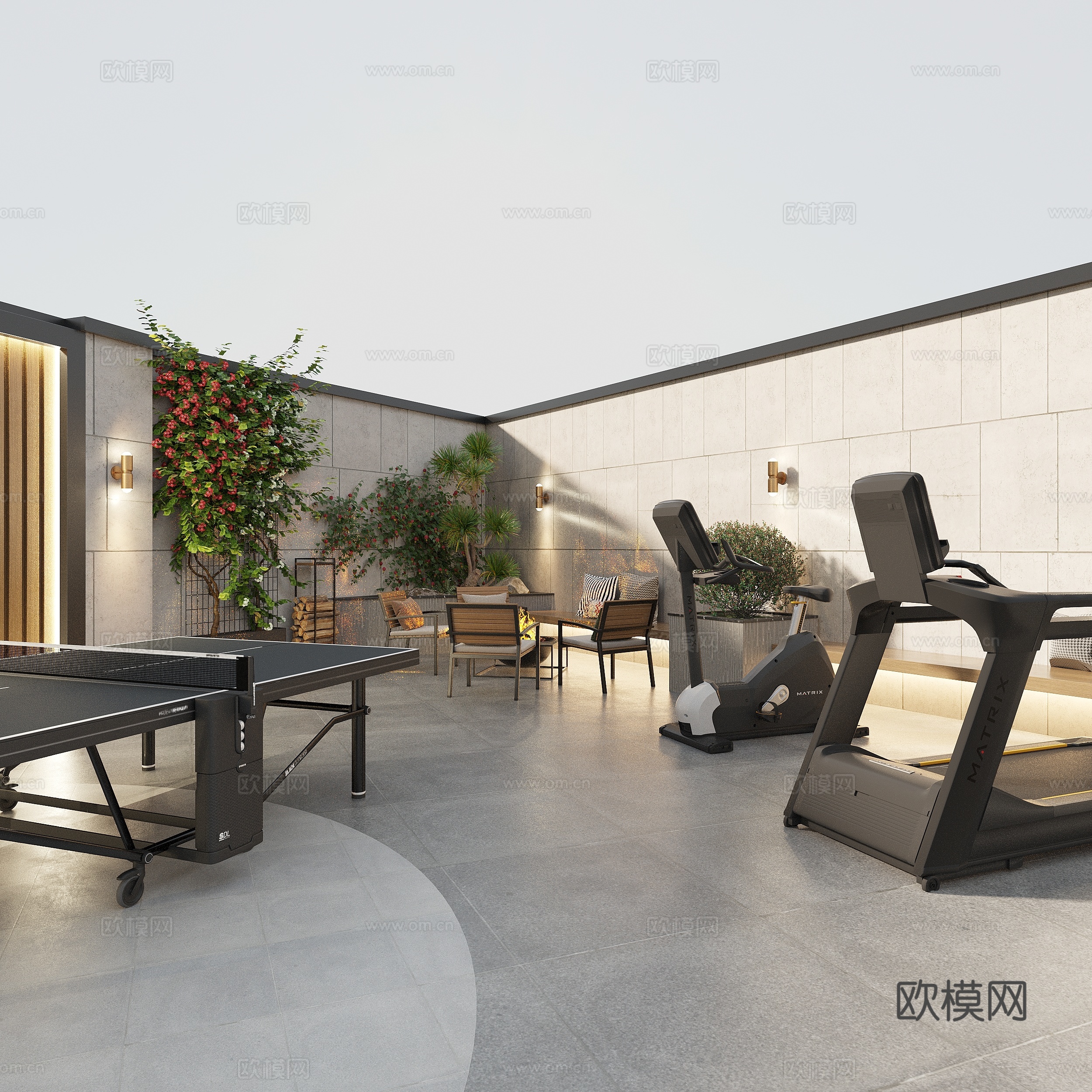 现代庭院花园景观 户外球台 跑步机 健身器材 休闲椅 卡座组3d模型下载