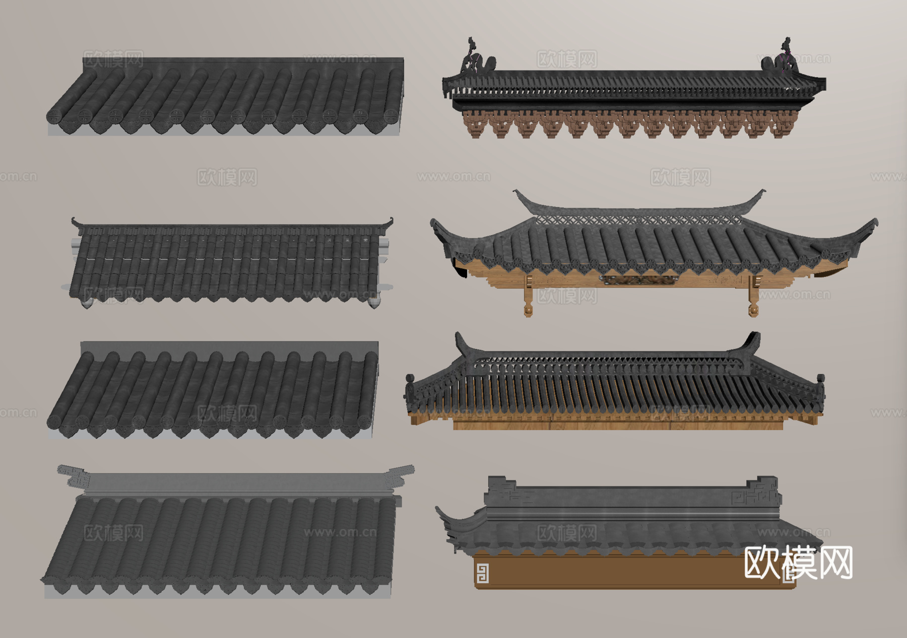 中式屋檐檐线 飞檐屋脊构件 瓦脊瓦片构件su模型
