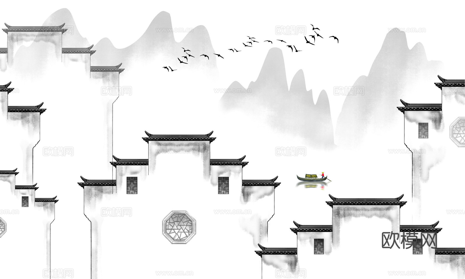 中式新中式水墨江南建筑壁纸壁画装饰画