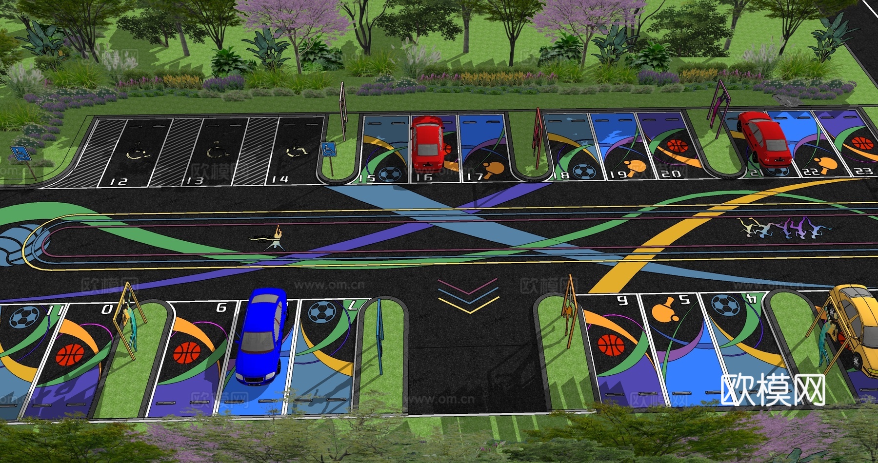 现代户外生态停车场体育运动公园停车场运动创意趣味停车位su模型