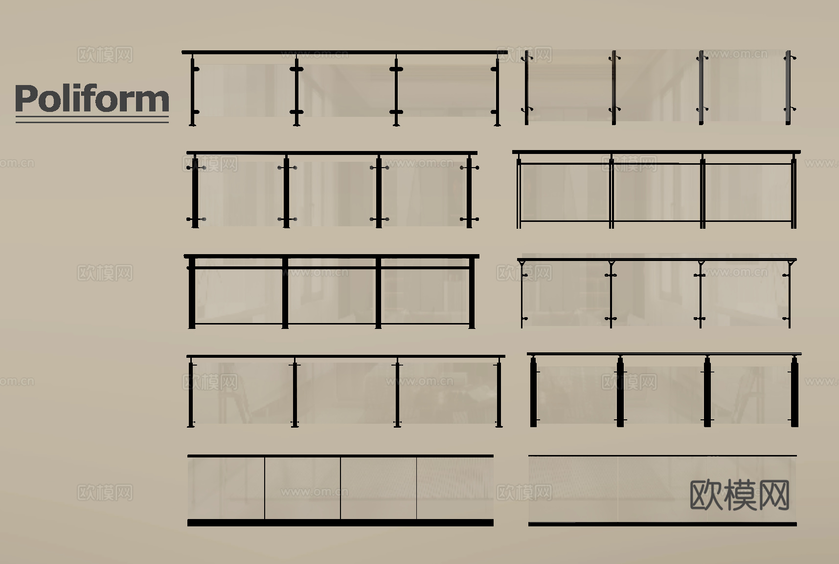现代围栏护栏 玻璃栏杆扶手 阳台护栏su模型