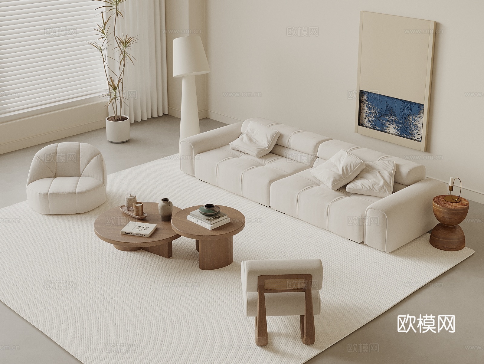 中古侘寂风沙发茶几组合 休闲椅 落地灯 雕塑摆件 懒人沙发3d模型下载