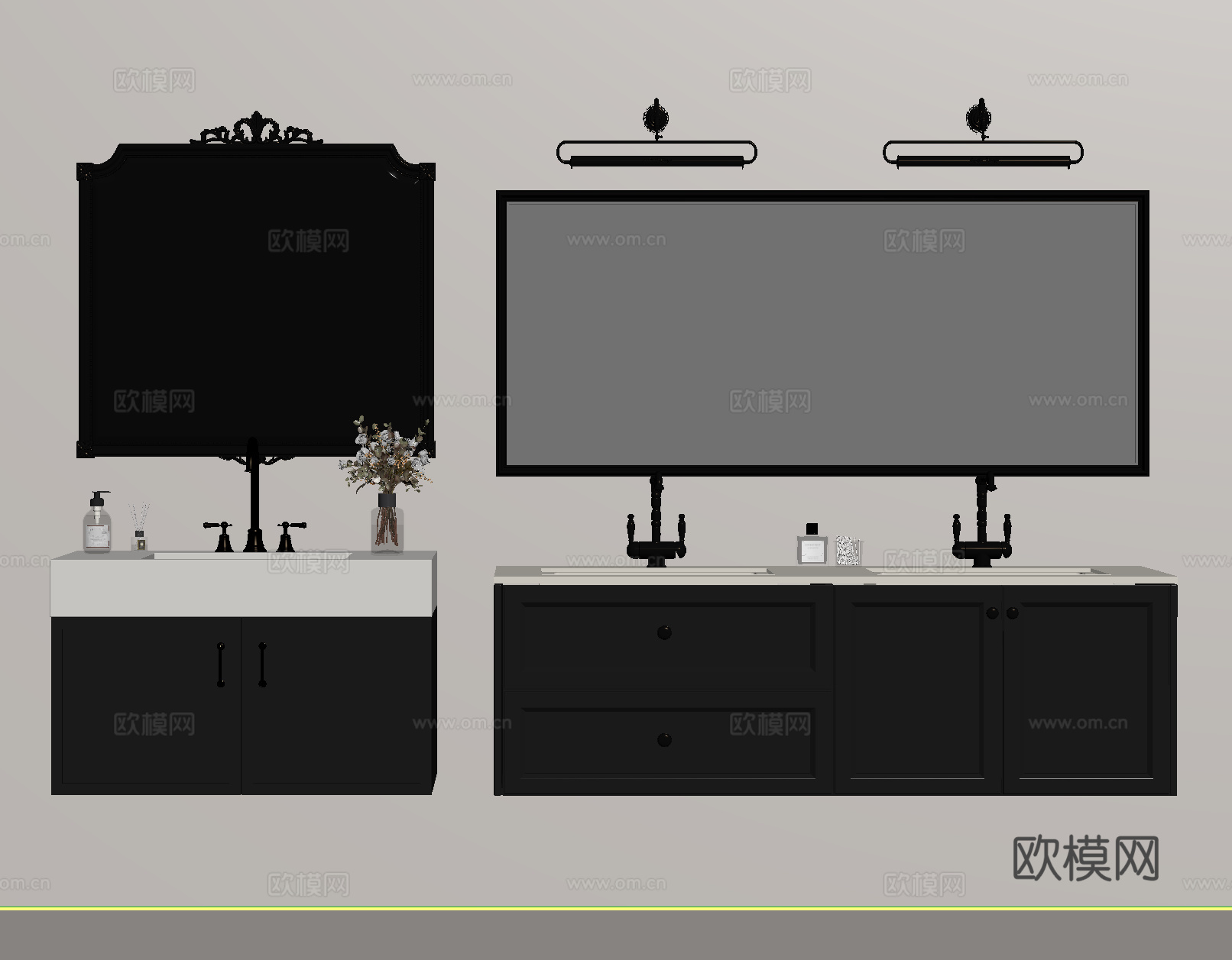 法式浴室柜 卫浴摆件 镜子su模型