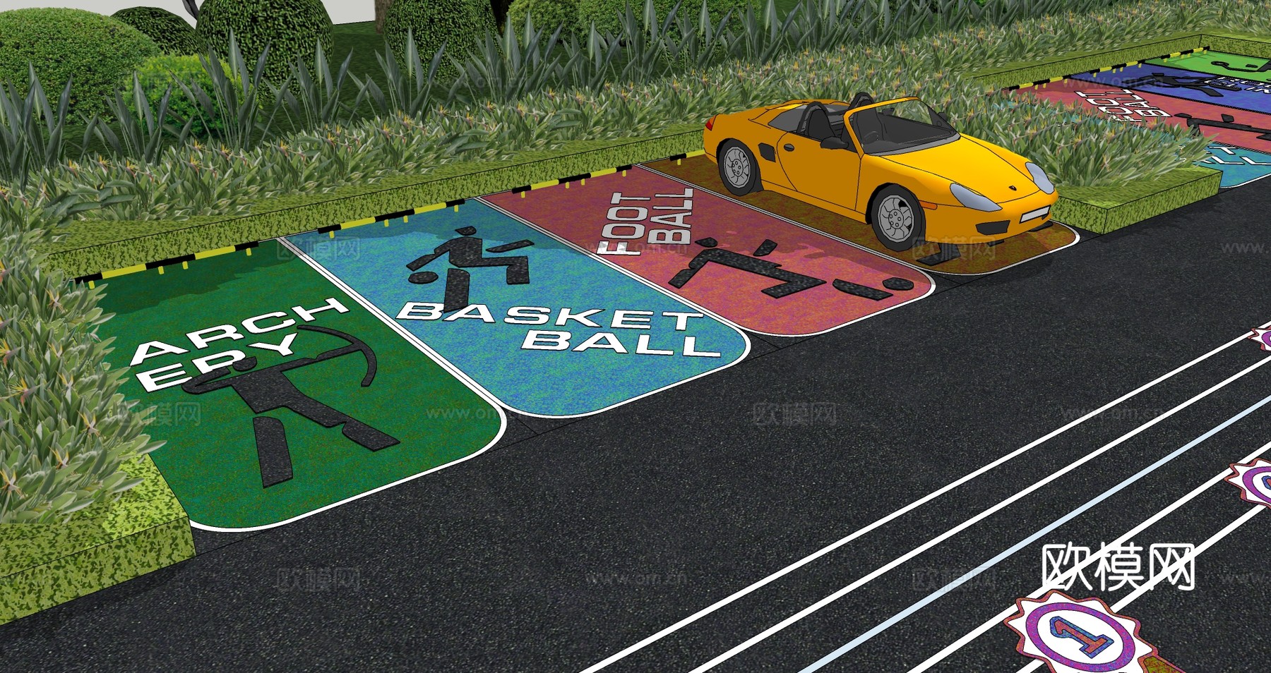 现代户外生态停车场体育运动公园停车场运动创意趣味停车位su模型
