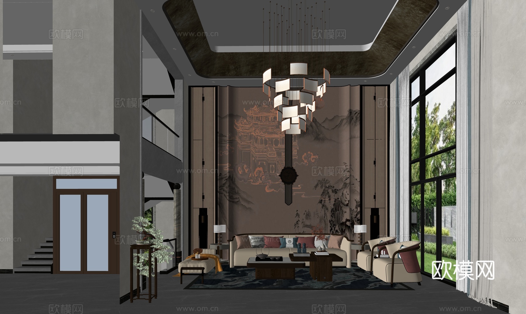 现代新中式客厅su模型