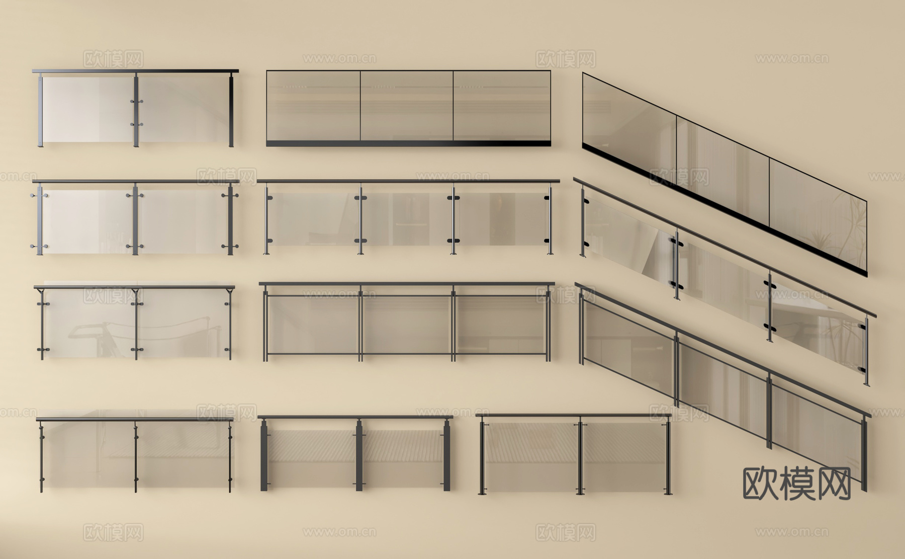 现代围栏护栏 玻璃围栏 栏杆 扶手 阳台护栏3d模型下载