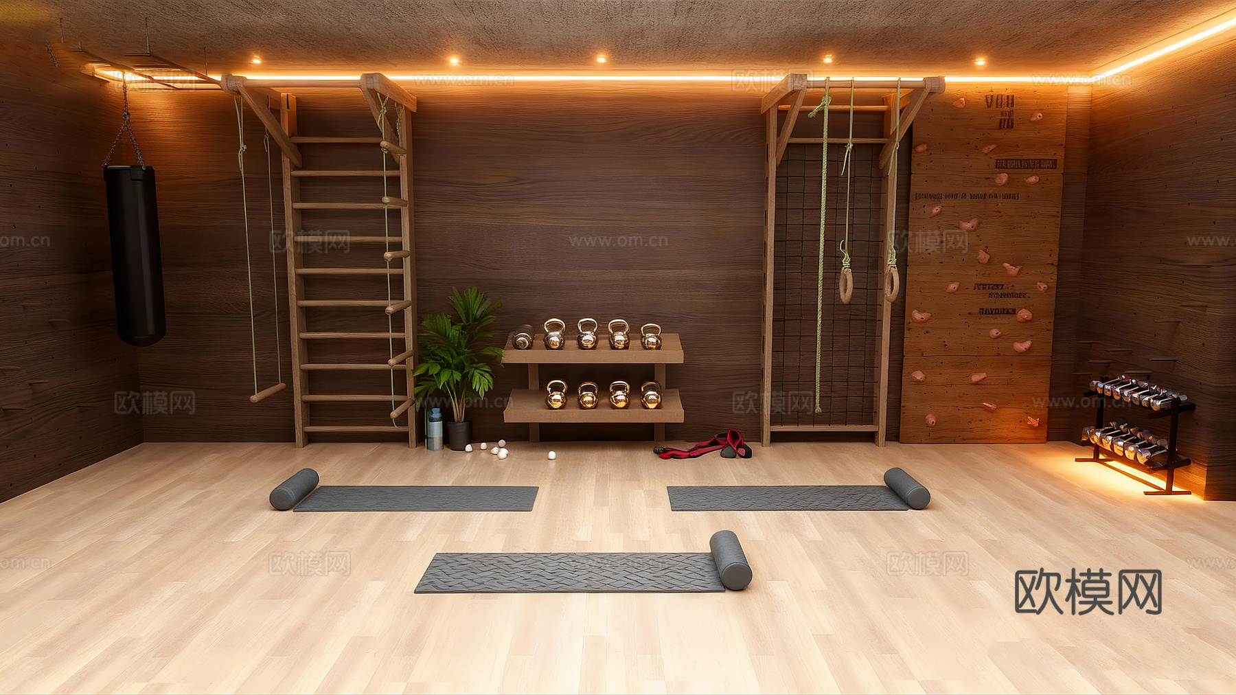 木制现代简约健身房和设备su模型