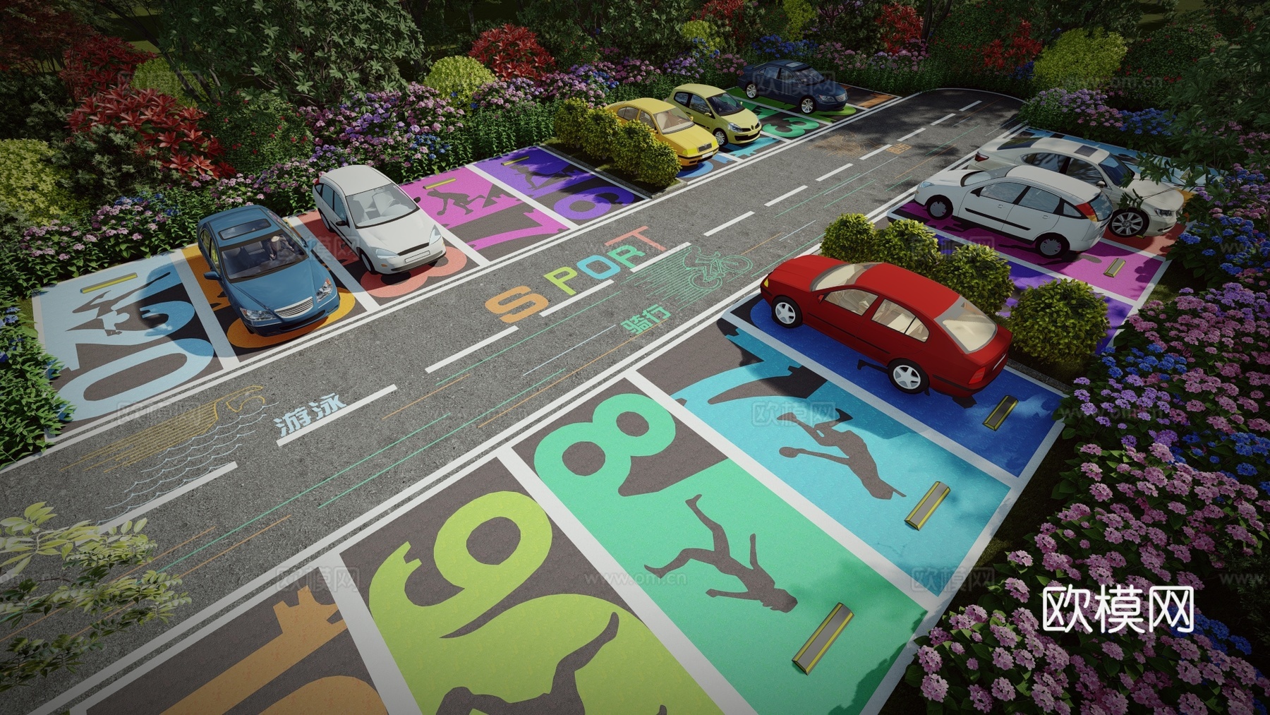 现代户外生态停车场体育运动公园停车场运动创意趣味停车位su模型