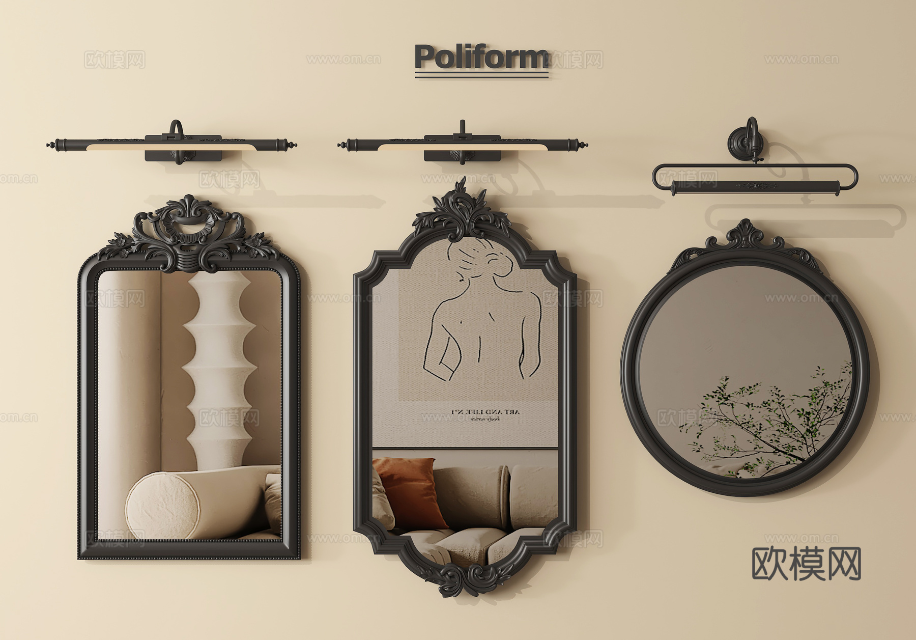 法式复古风镜子  化妆镜  装饰镜su模型su模型