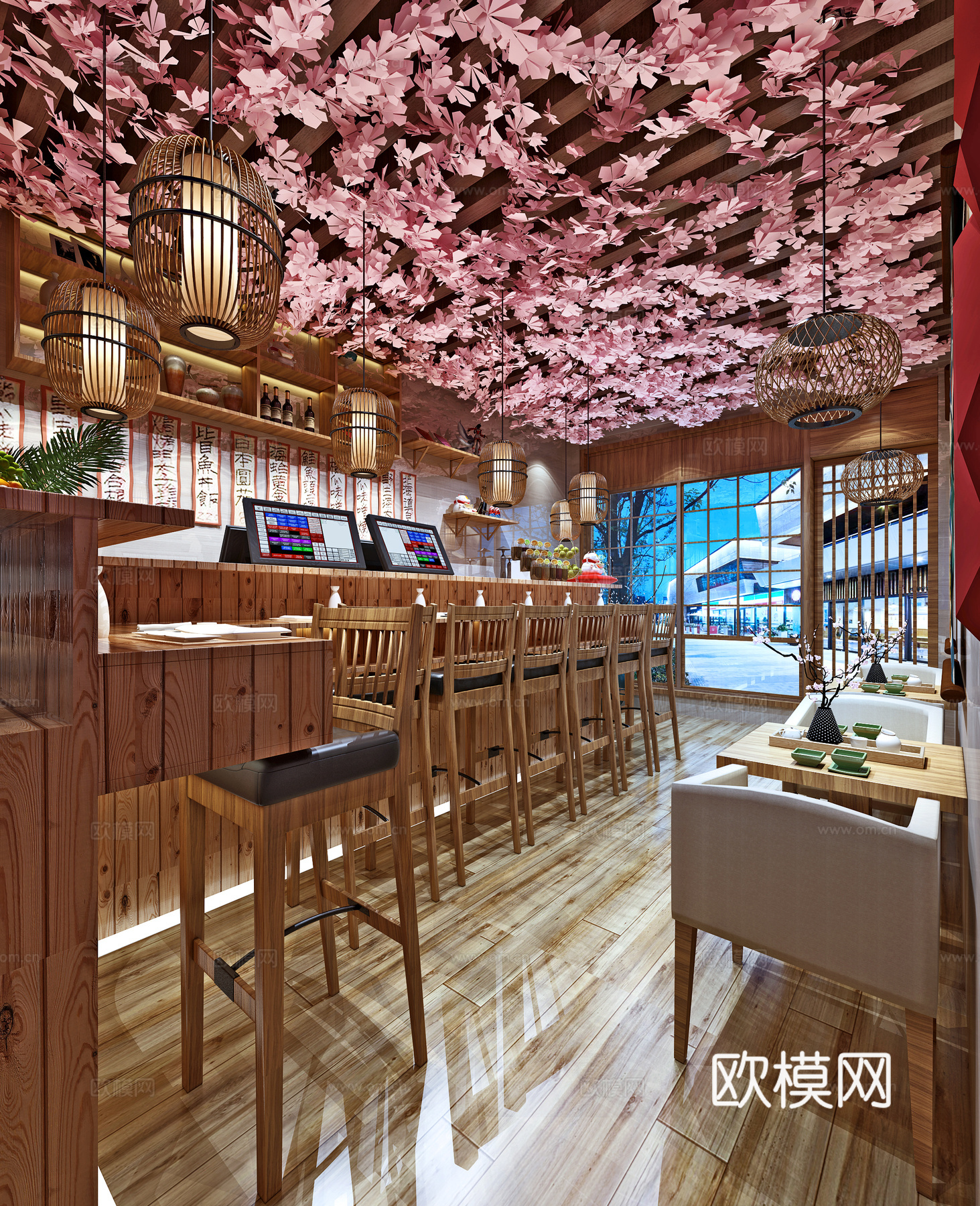 日式 日料店 餐馆 樱花 日式料理 吧台餐桌3d模型下载（渲染图2）
