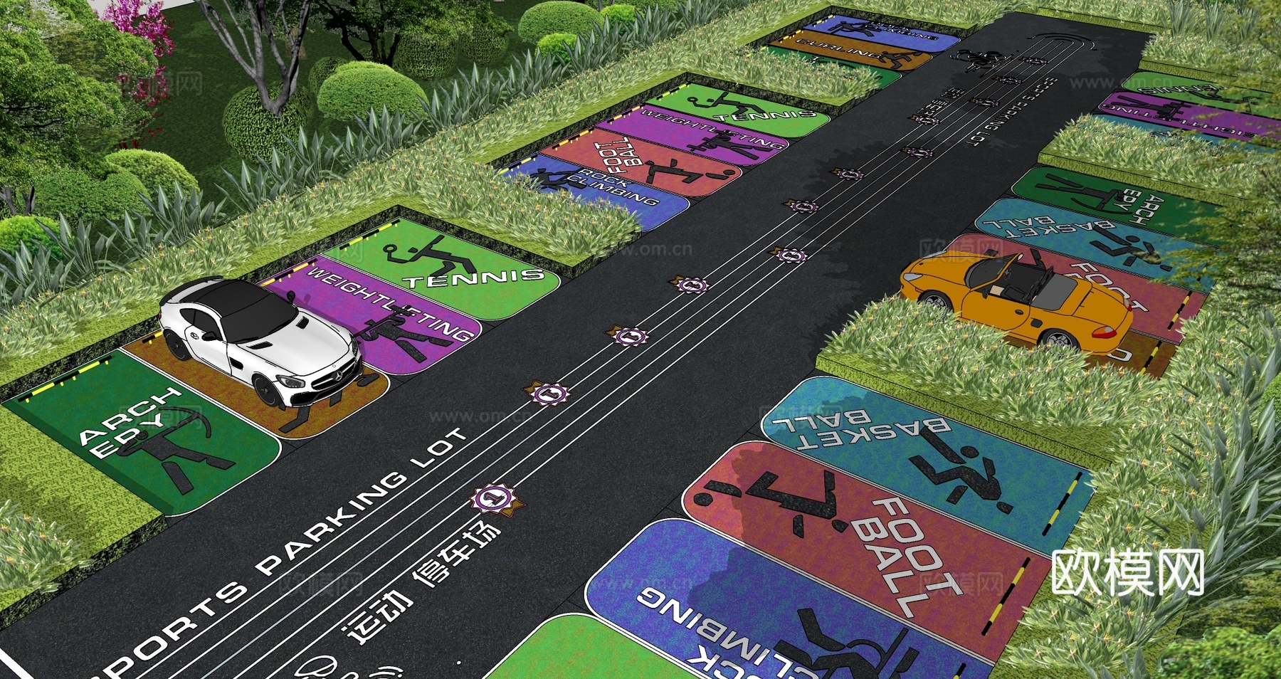 现代户外生态停车场体育运动公园停车场运动创意趣味停车位su模型