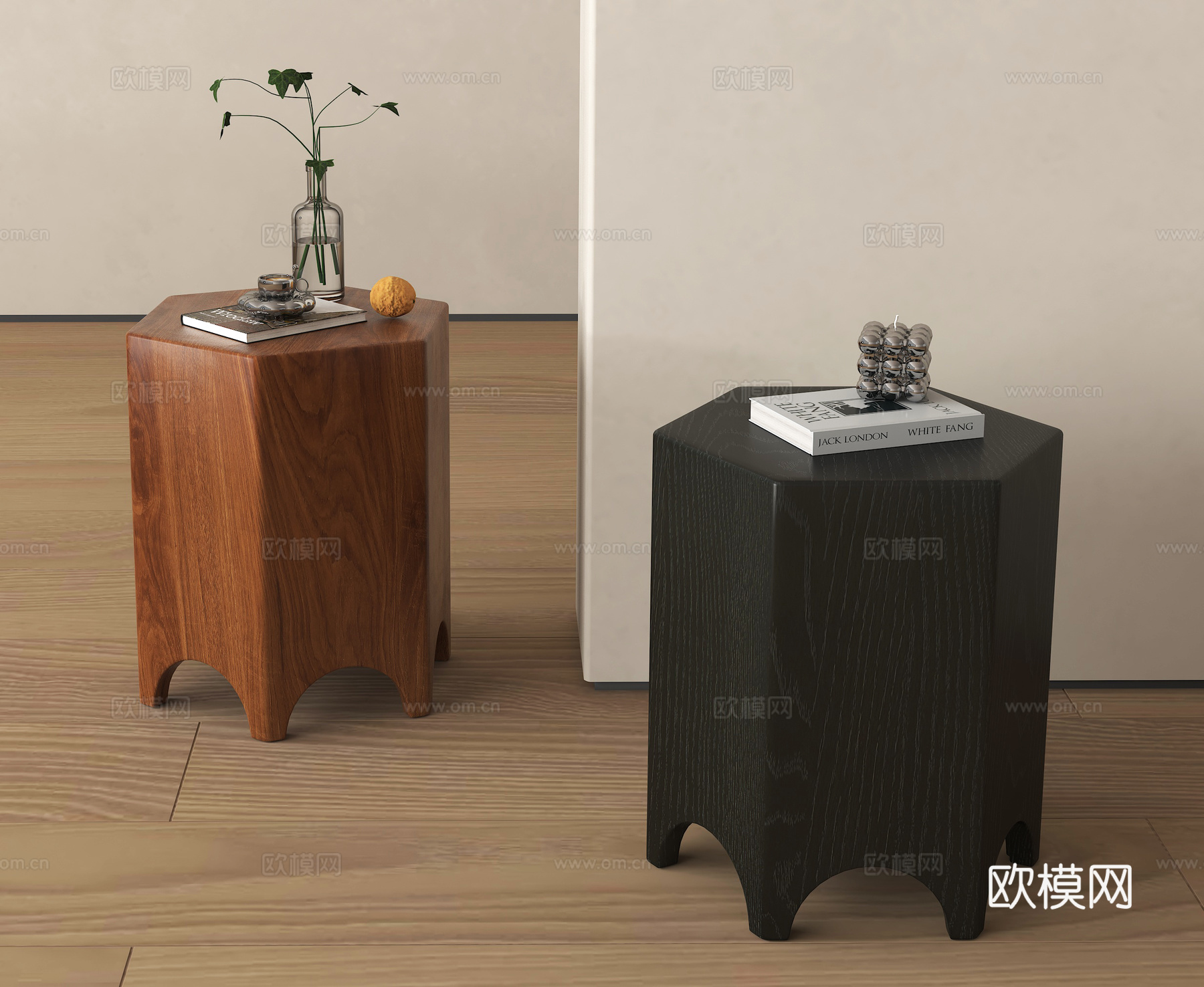 中古风原木边几 实木边几su模型