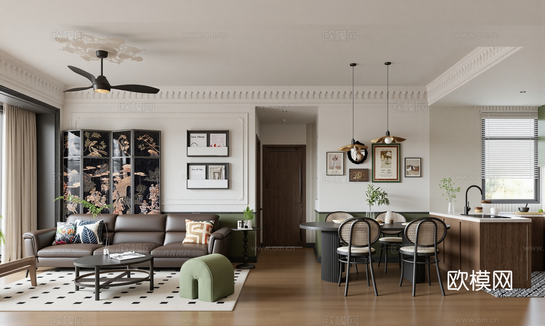 复古美式客厅su模型