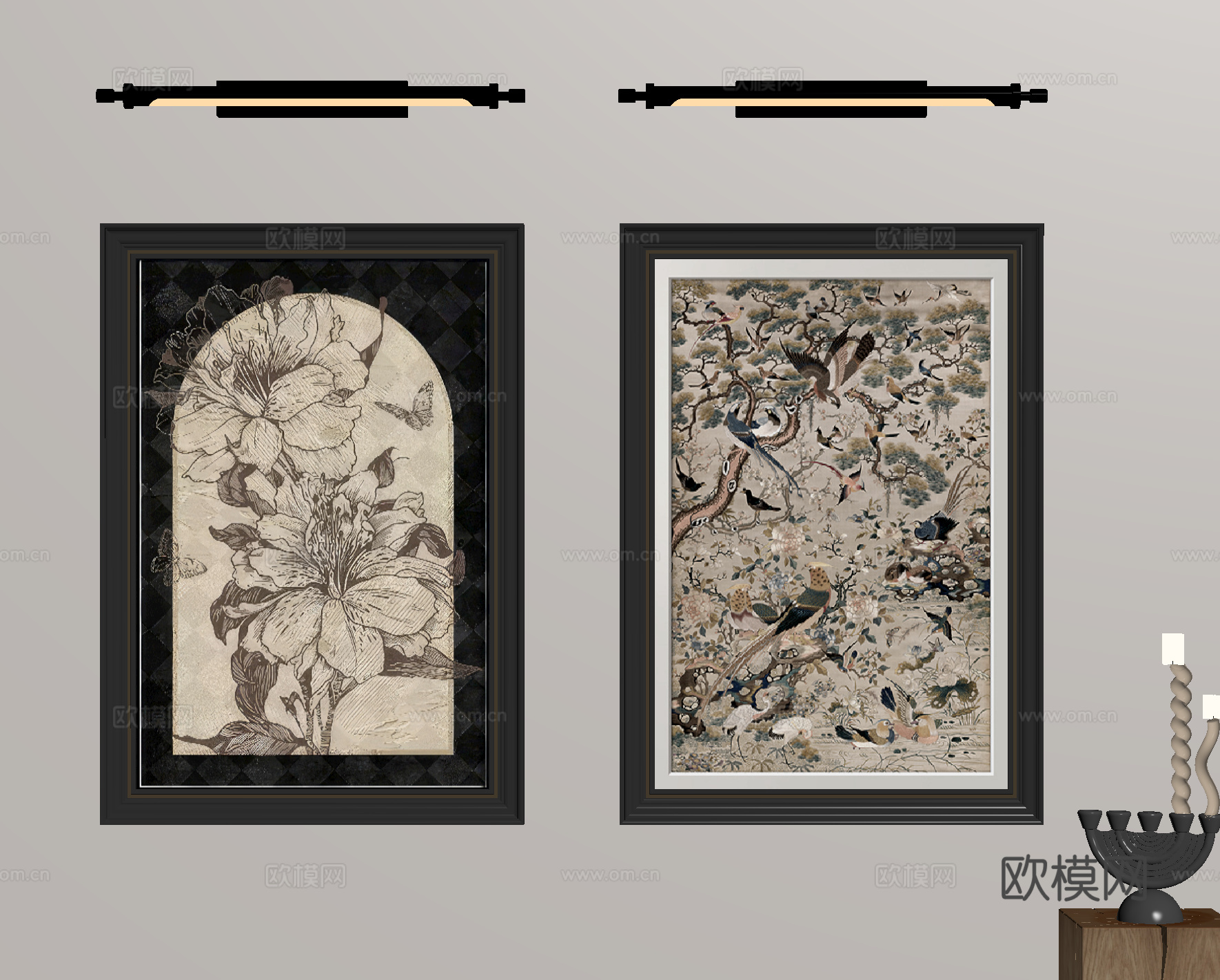 法式中古挂画 装饰画 壁灯 镜前灯su模型