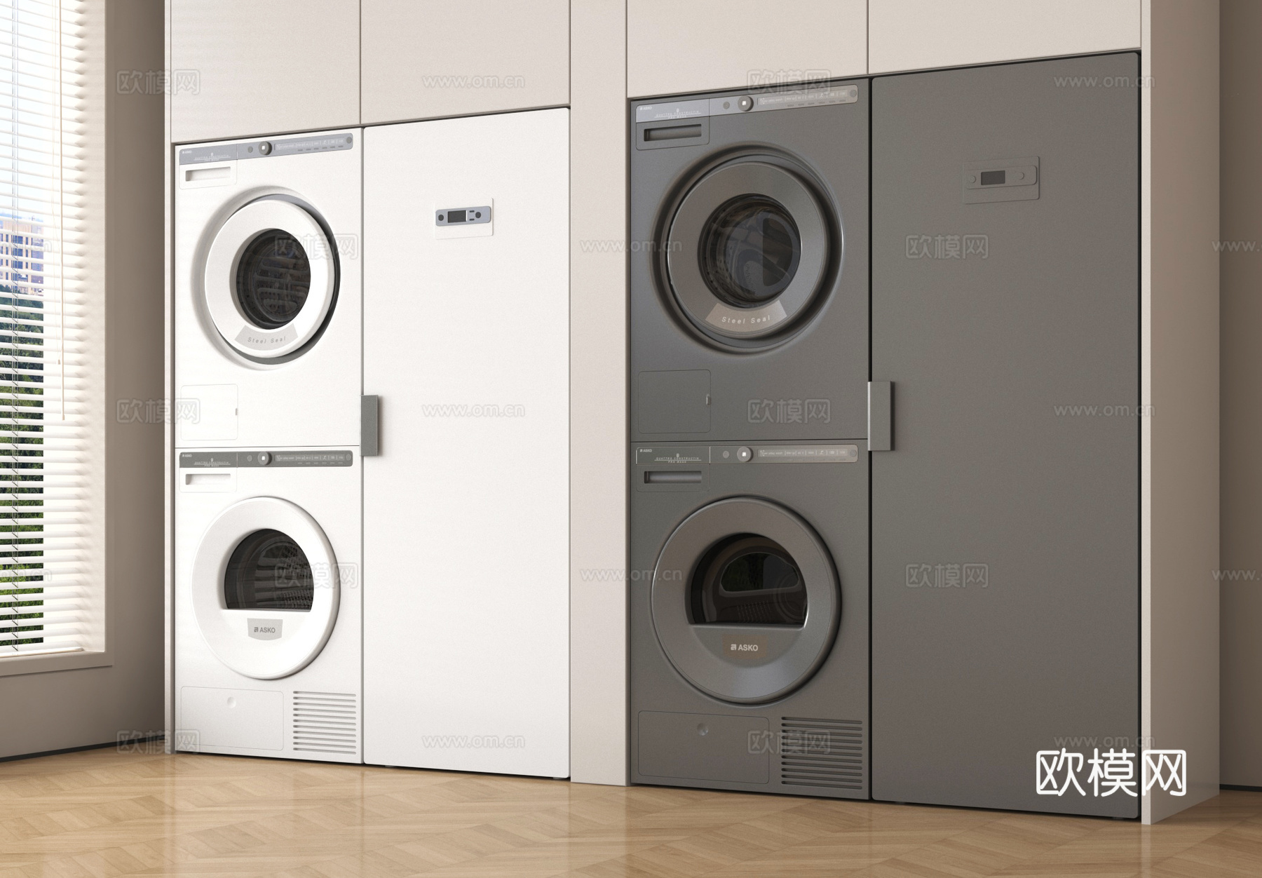 现代极简洗衣房 洗衣机 烘干机 洗衣机柜su模型