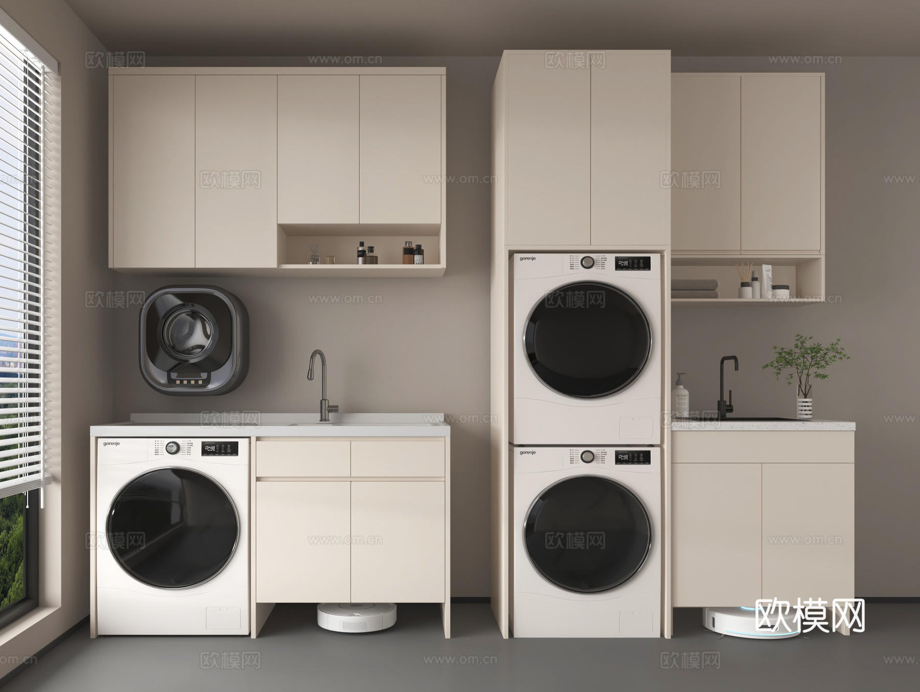 现代洗衣机柜 阳台柜  洗衣机 烘干机 壁挂式洗衣机 扫地机su模型