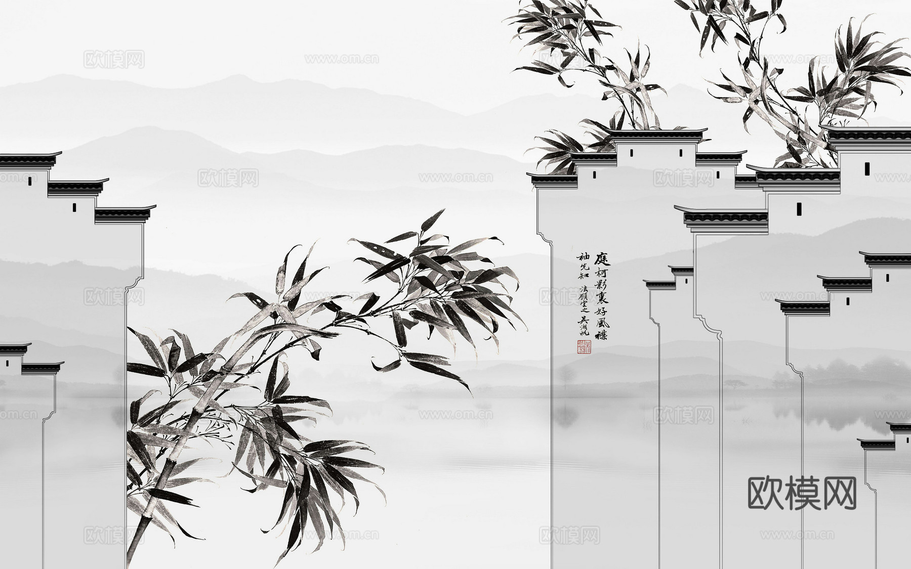 中式新中式水墨江南建筑壁纸壁画装饰画