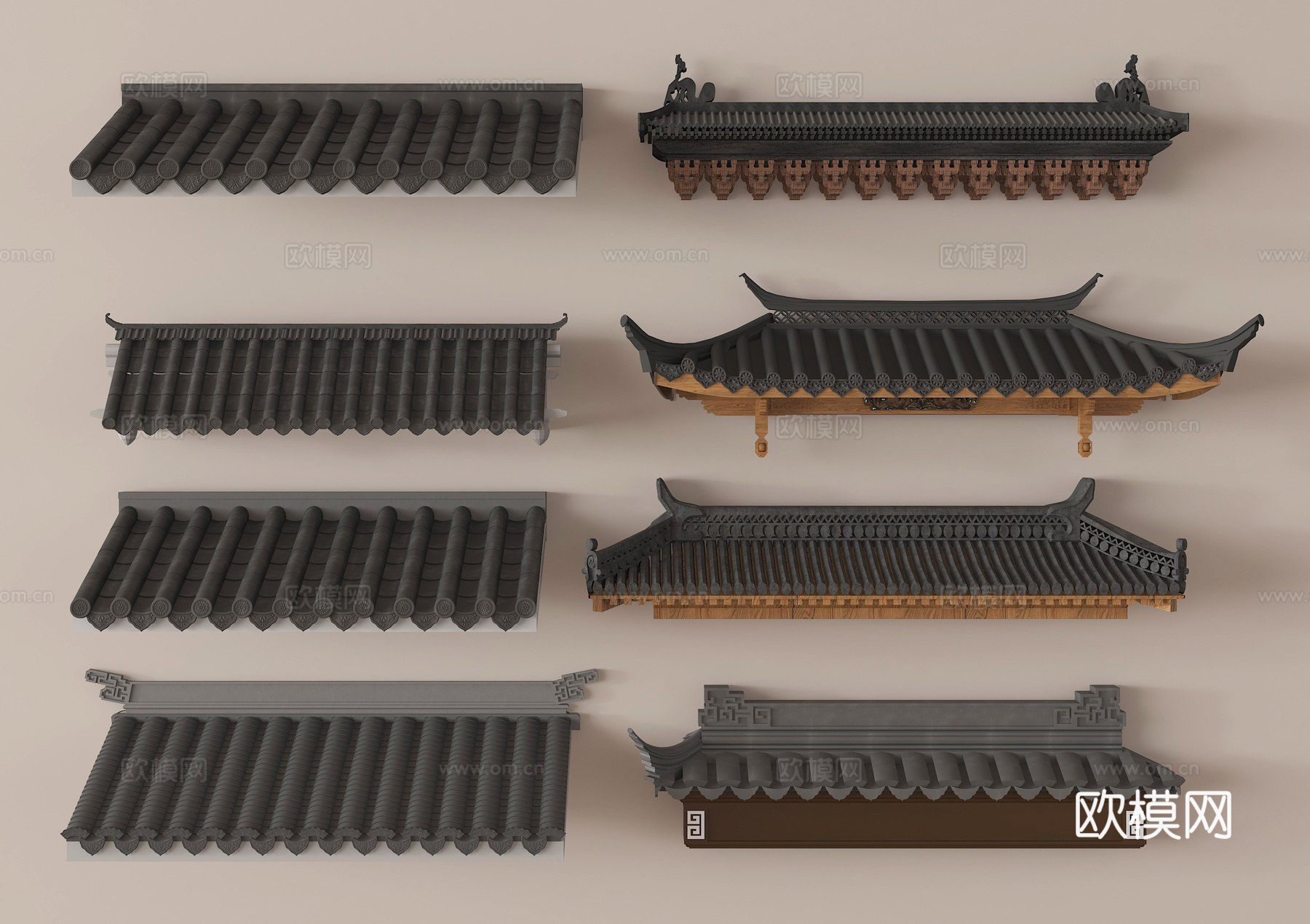 中式屋檐檐线 飞檐屋脊构件 瓦脊瓦片构件su模型