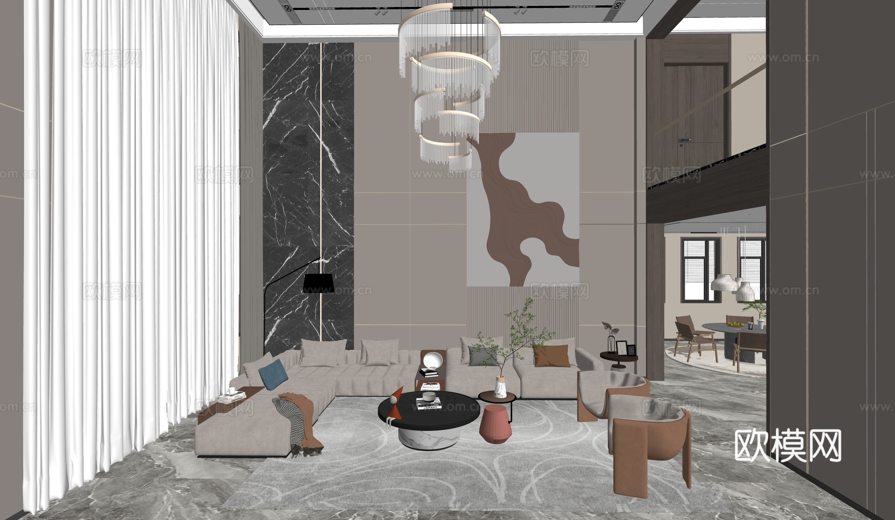 现代别墅客厅 挑高客厅su模型