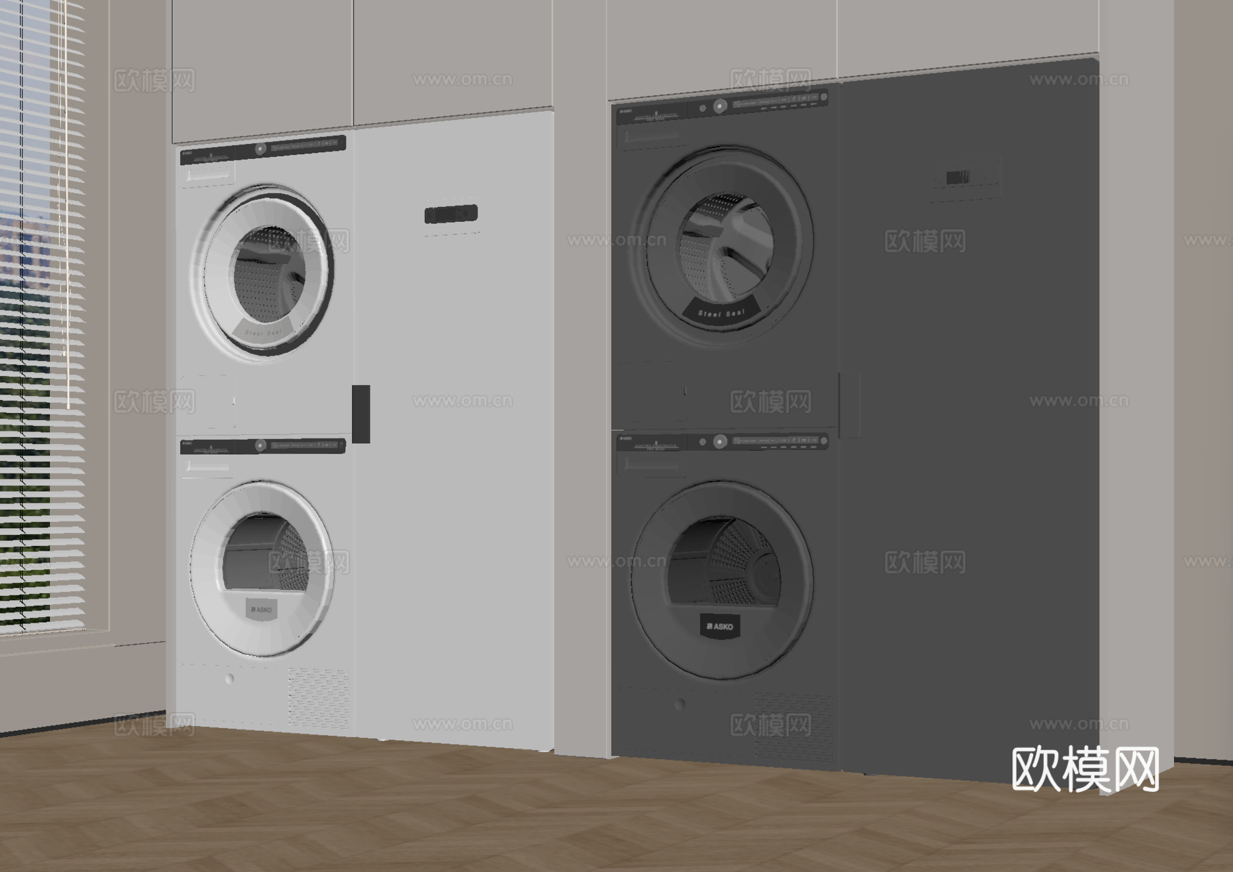 现代极简洗衣房 洗衣机 烘干机 洗衣机柜su模型