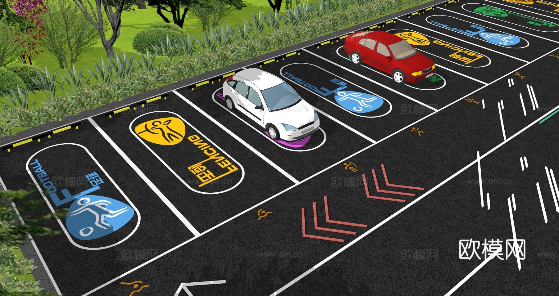 现代户外生态停车场体育运动公园停车场运动创意趣味停车位su模型