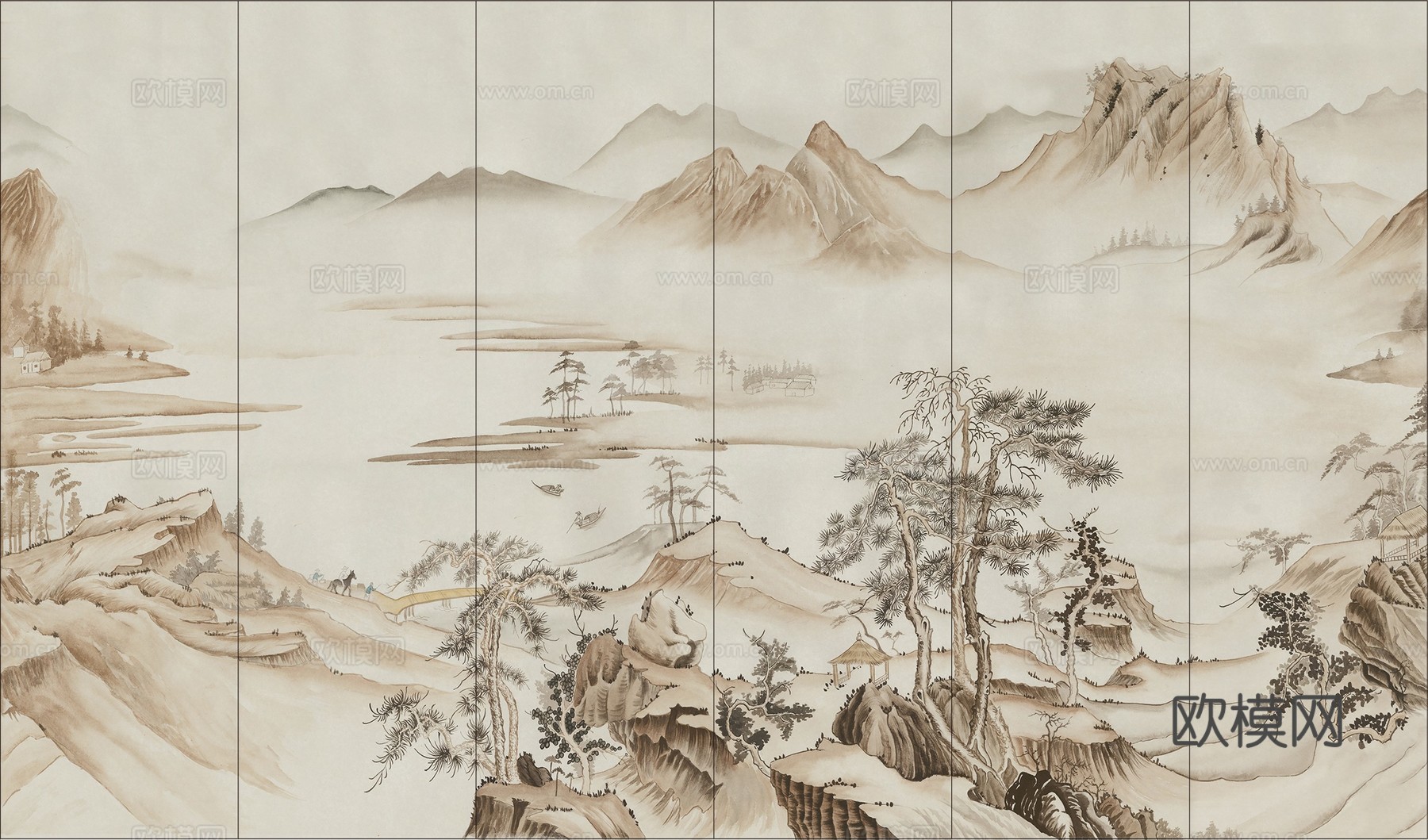 中式新中式山水意境壁纸壁画 山水硬包装饰画下载