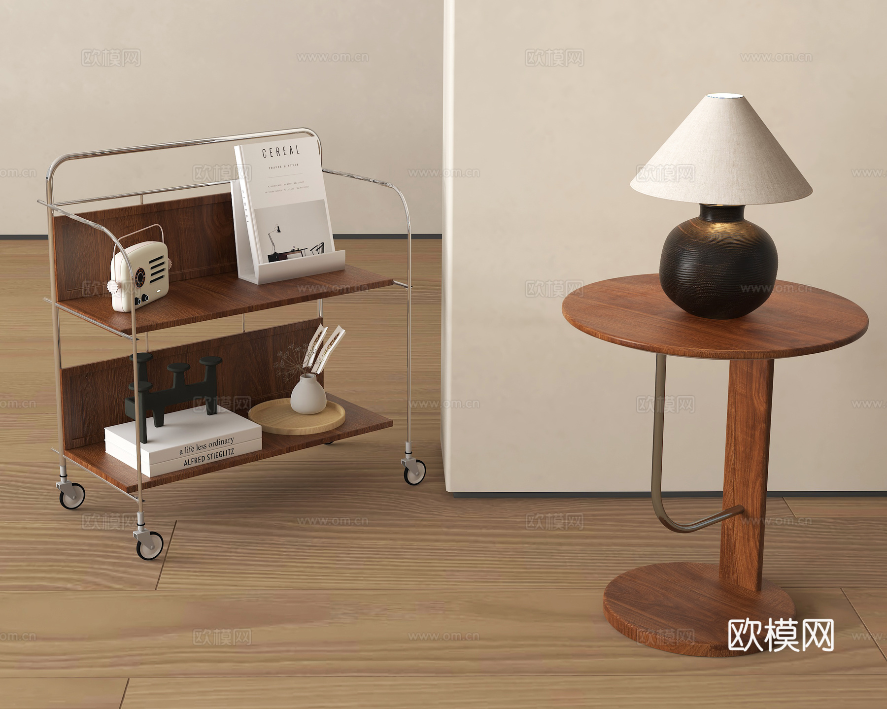 中古风边几 实木边几 台灯 可移动边几置物架su模型