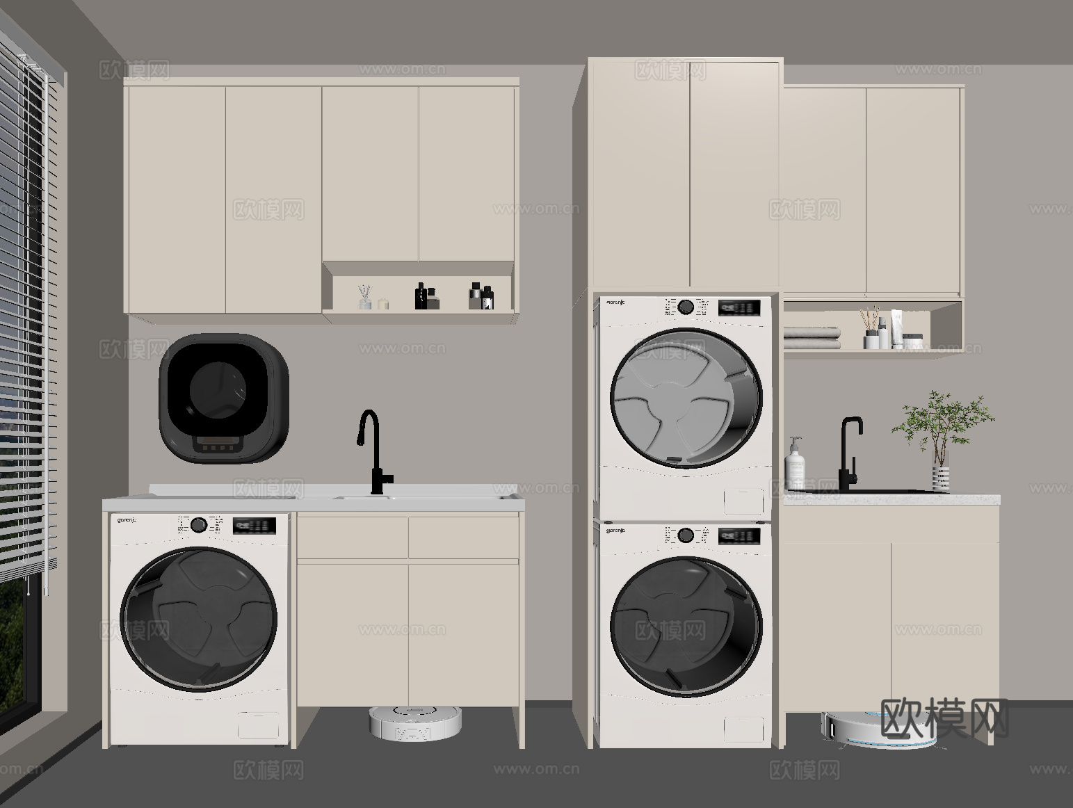 现代洗衣机柜 阳台柜  洗衣机 烘干机 壁挂式洗衣机 扫地机su模型