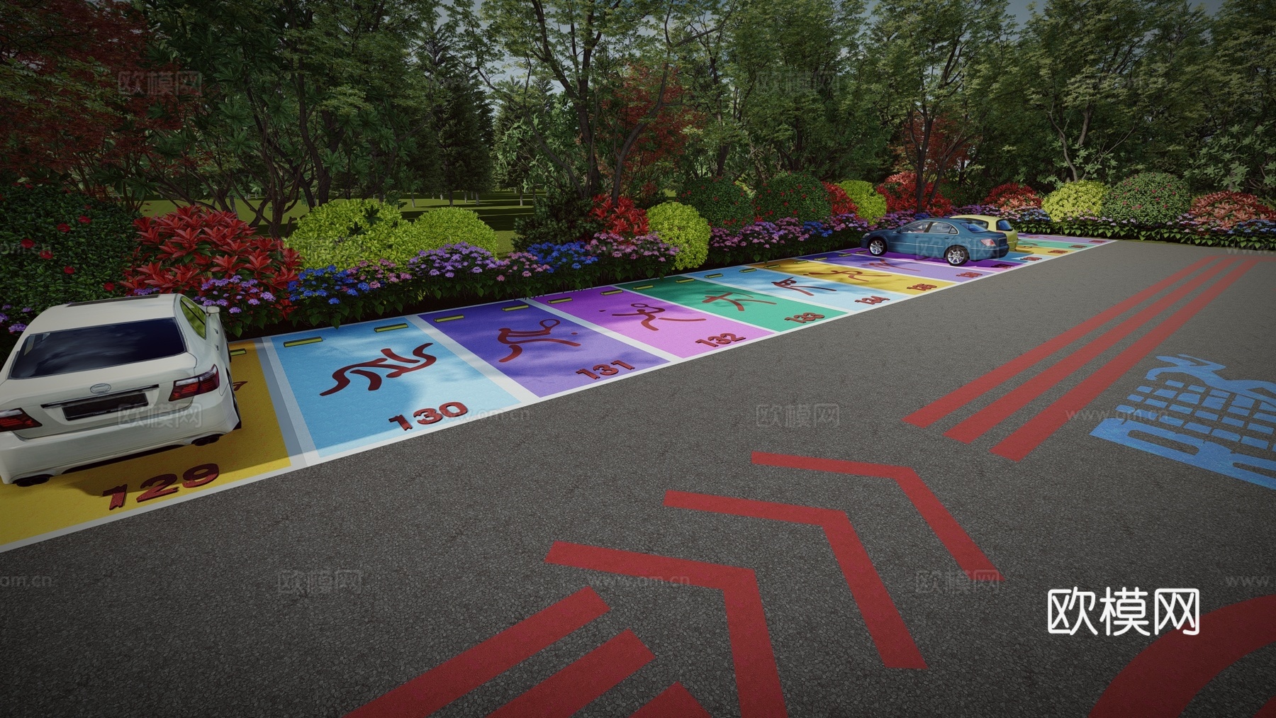 现代户外生态停车场体育运动公园停车场运动创意趣味停车位su模型
