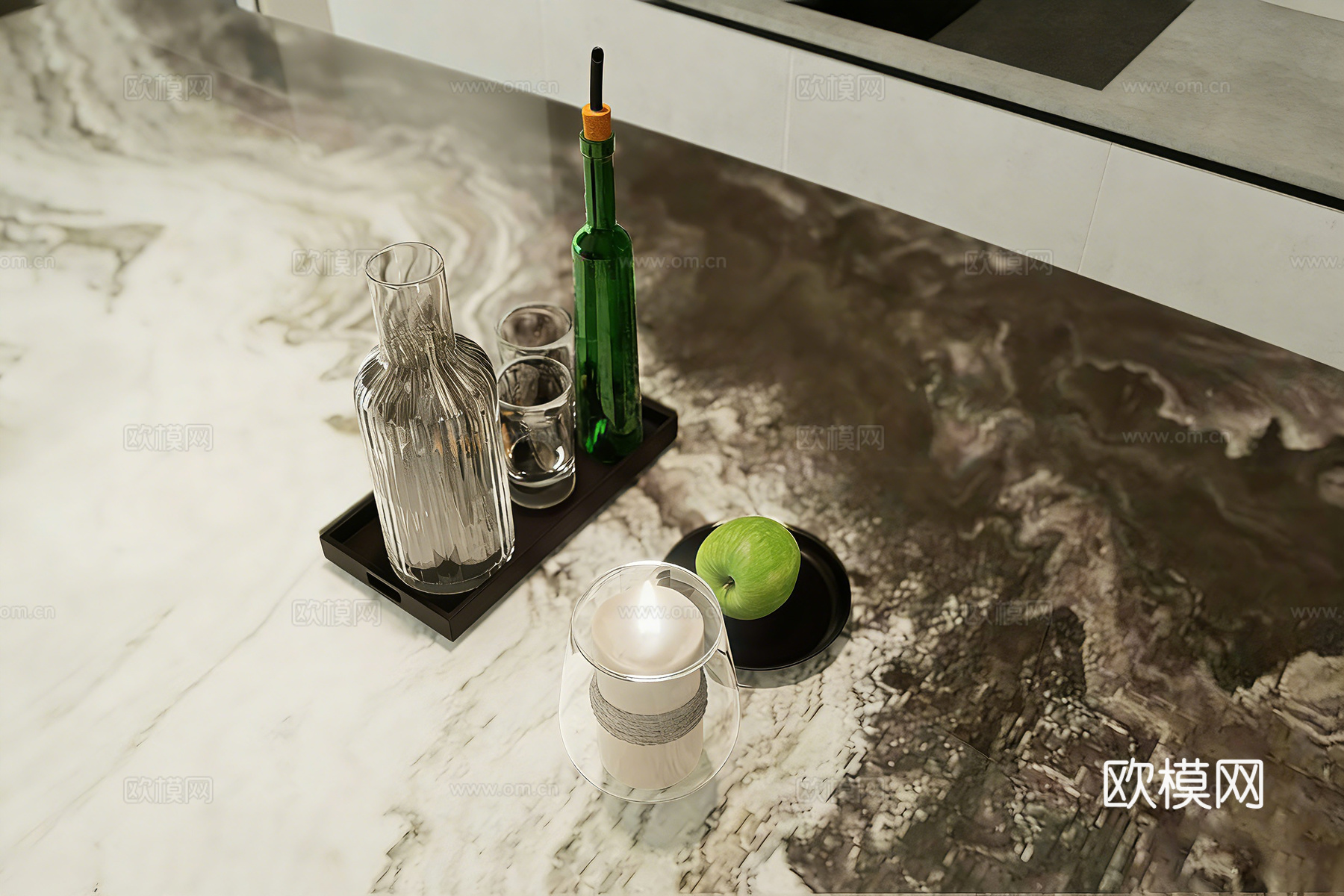 竖纹玻璃醒酒器  玻璃烛台 黑色托盘  绿色玻璃瓶 苹果su模型
