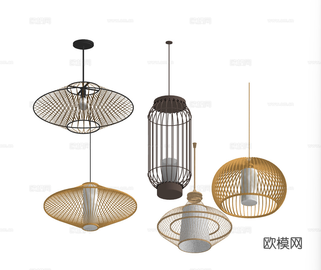 新中式竹编装饰吊灯su模型