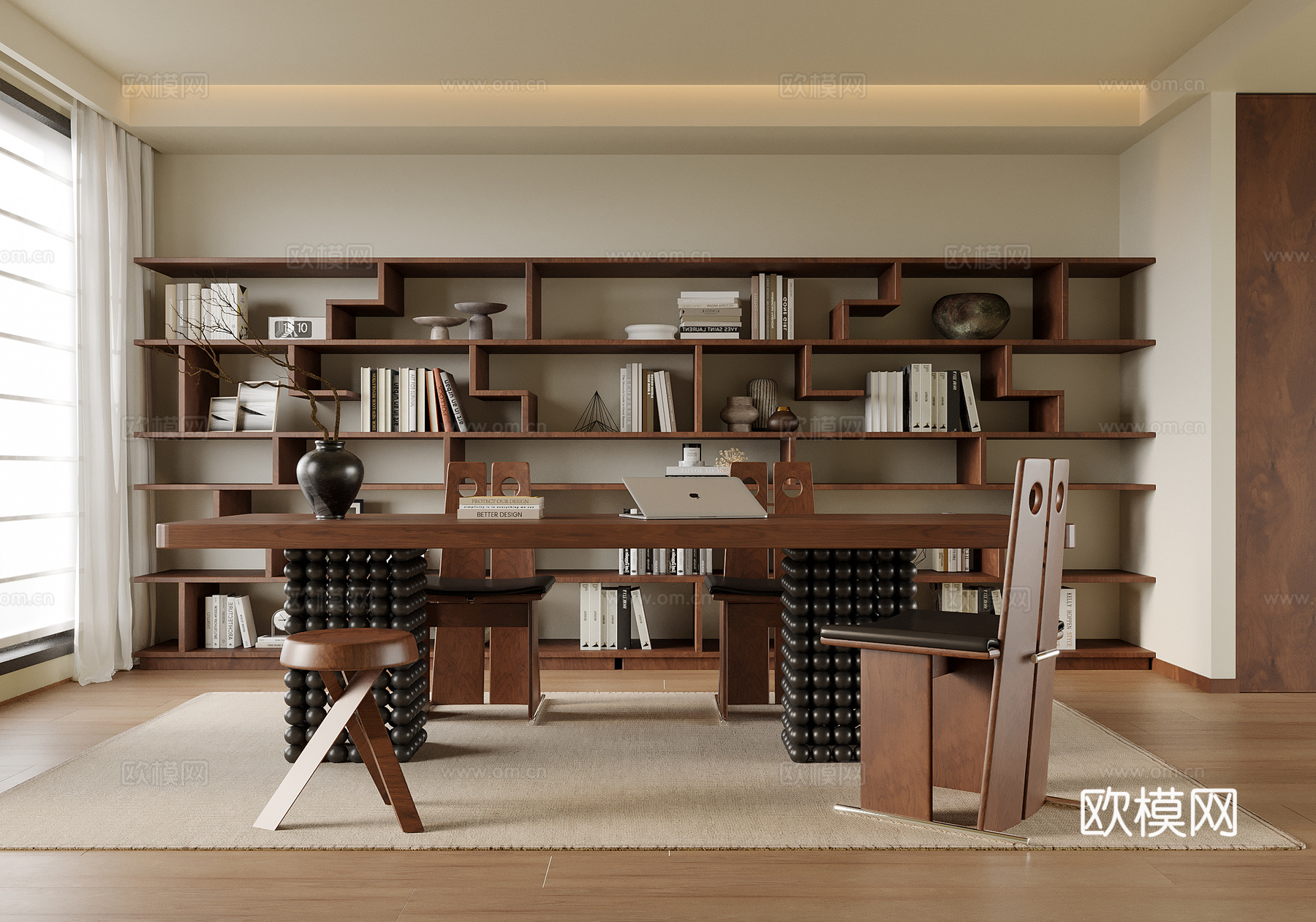 现代书房 书桌椅 书柜书架su模型