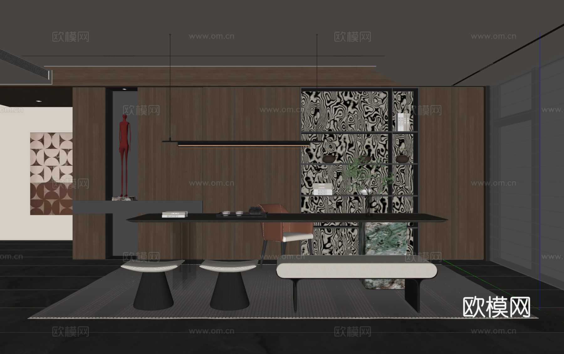 现代意式茶室 茶桌椅 吊灯 茶柜 装饰柜 地毯su模型