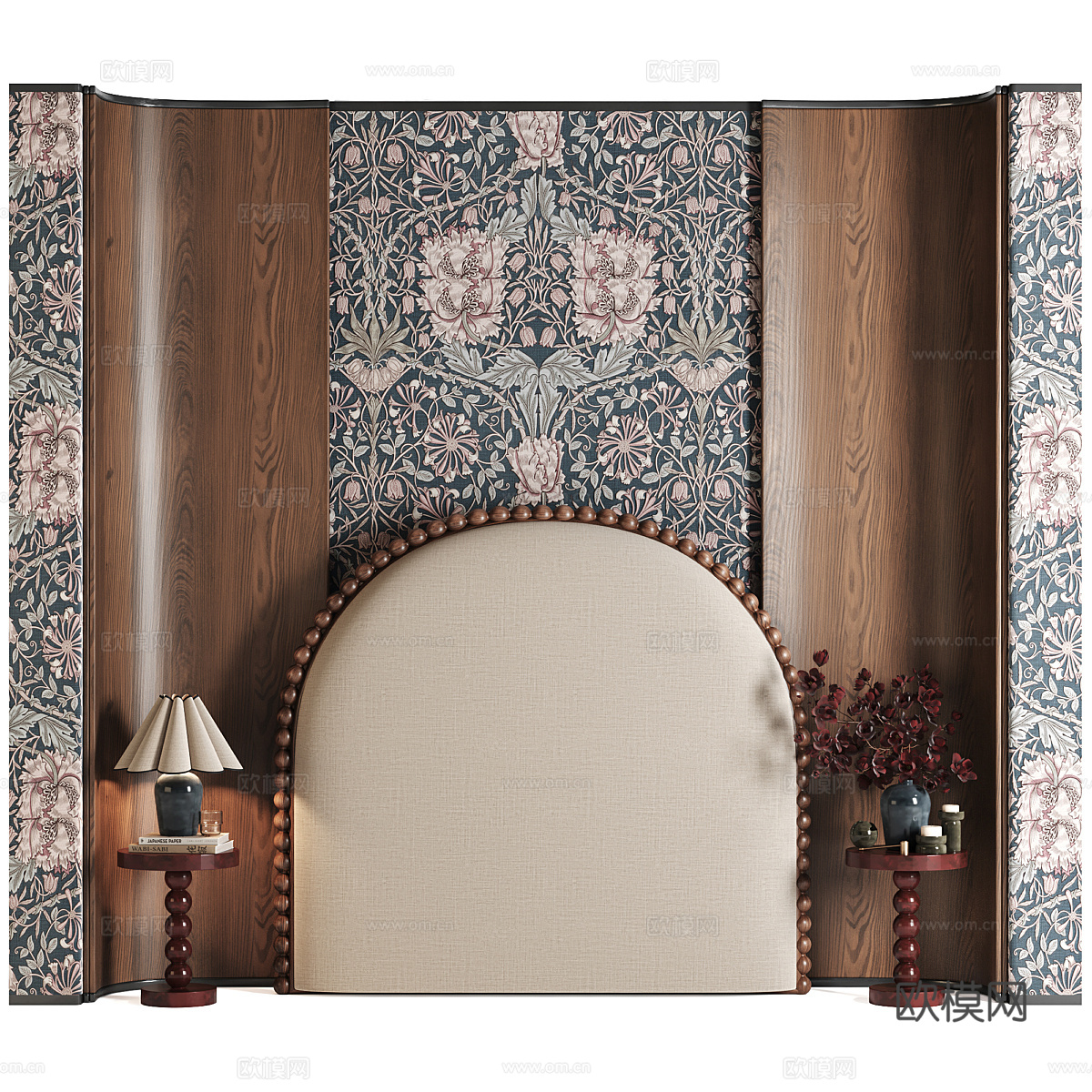 新中式中古风床头背景墙3d模型下载（渲染图2）