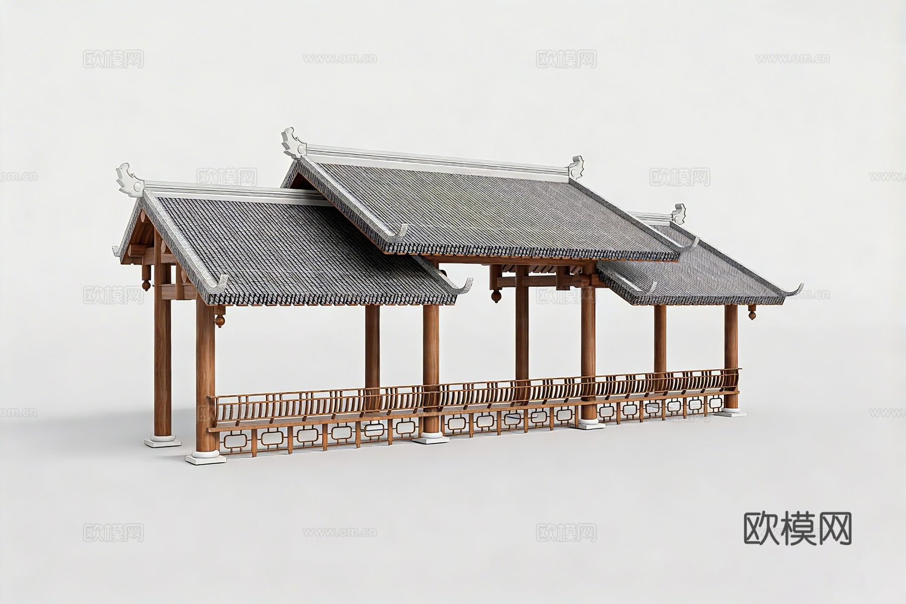 中式连廊 三连亭 组合亭廊 传统园林建筑 灰瓦坡屋顶 飞檐翘su模型