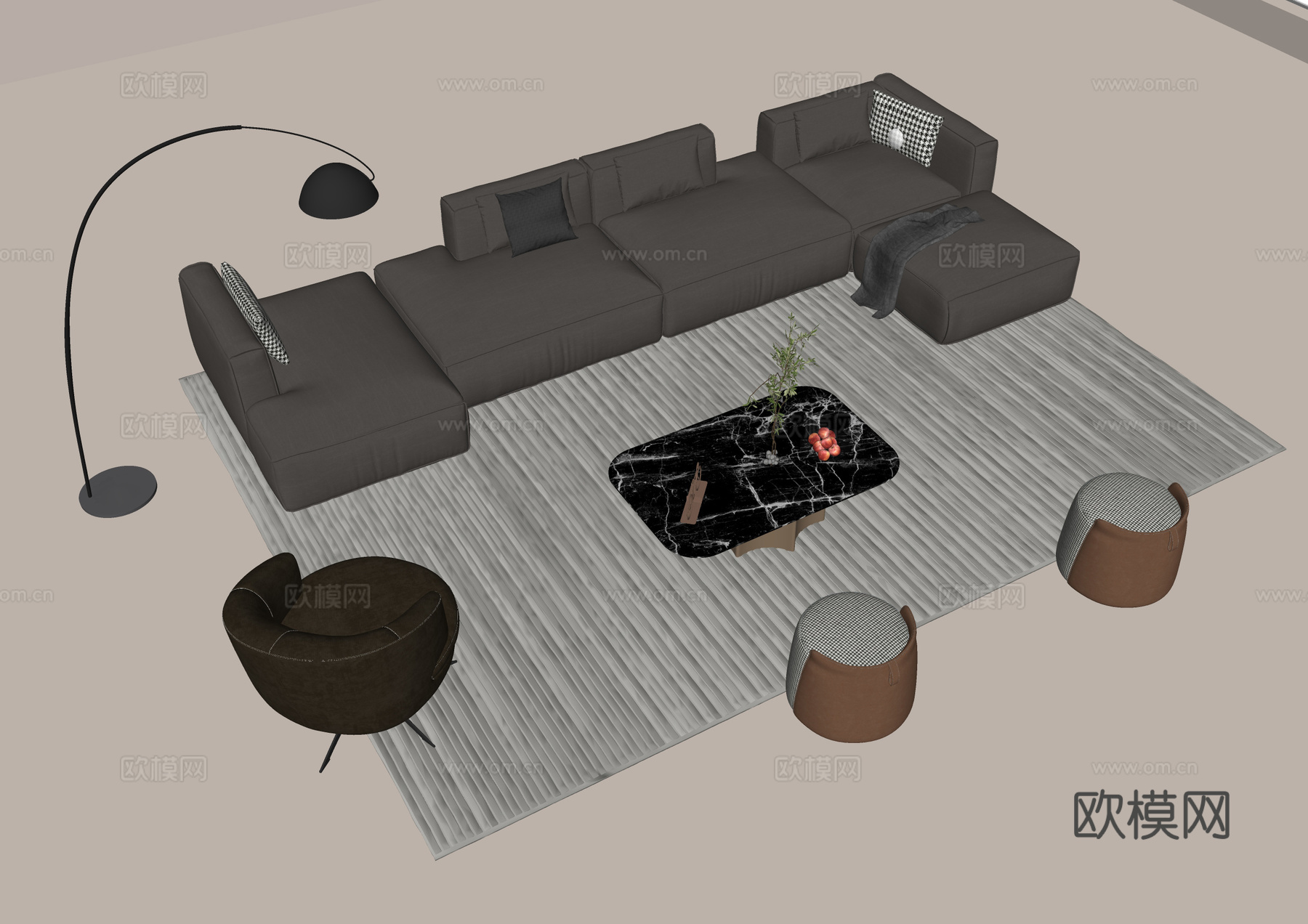 现代布艺沙发组合 多人布艺沙发组合 沙发椅 圆凳 大理石茶几su模型