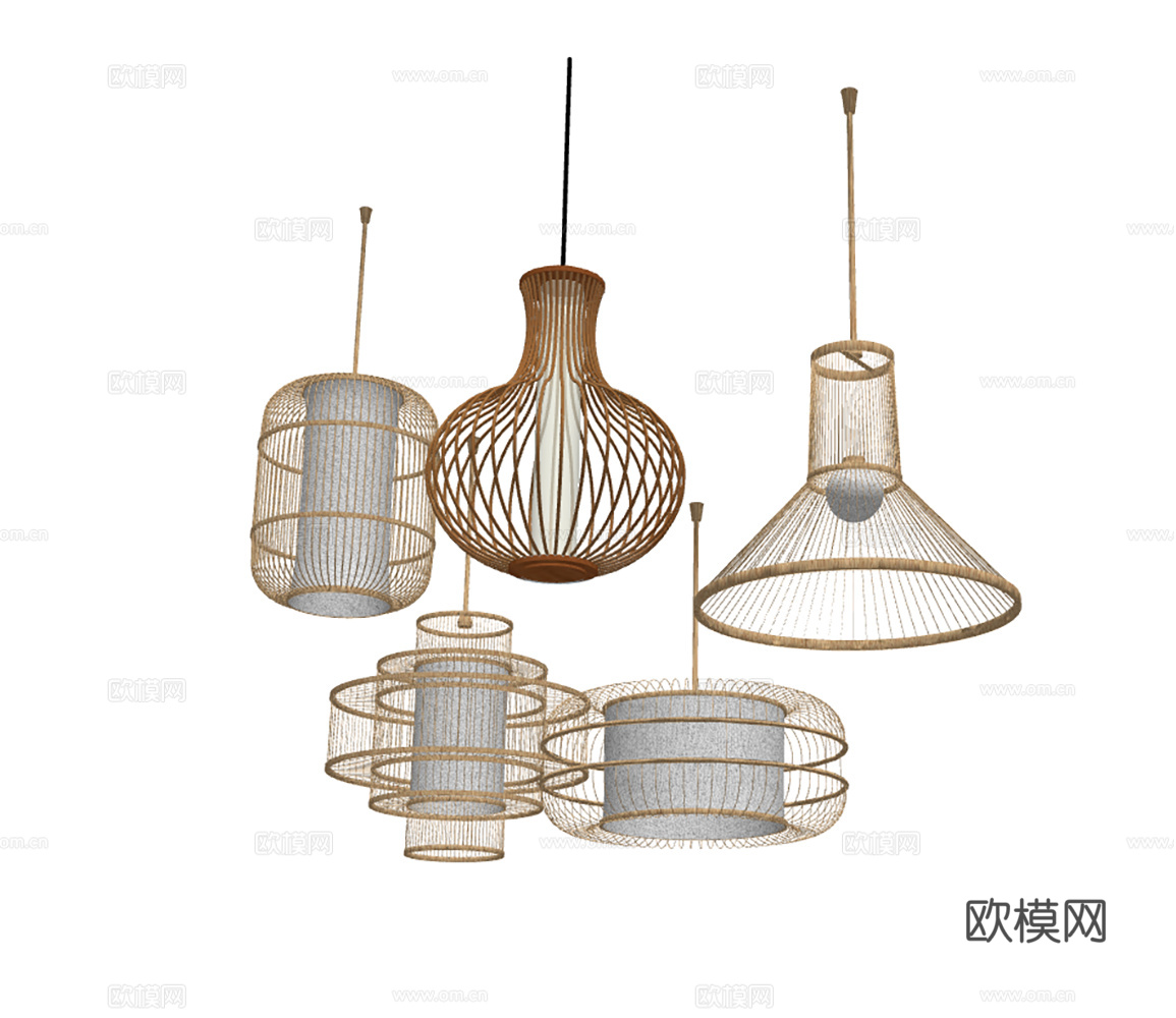 新中式竹编装饰吊灯su模型