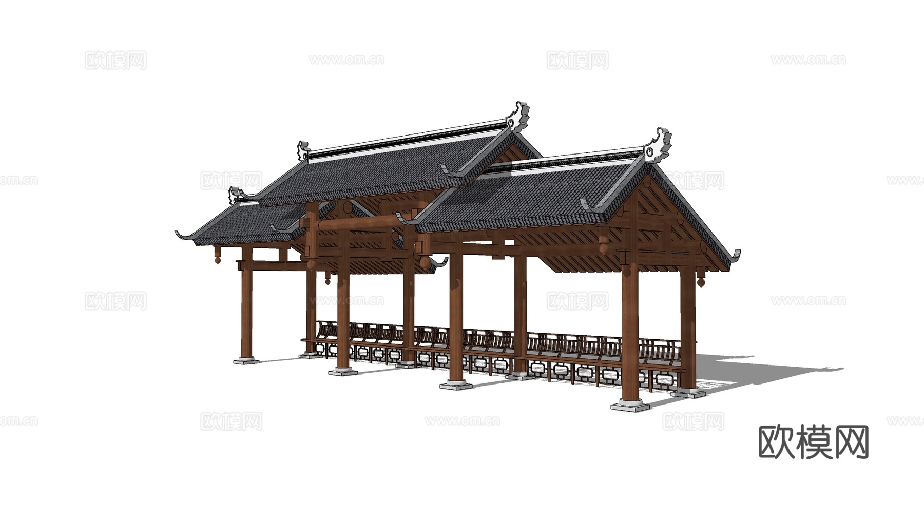 中式连廊 三连亭 组合亭廊 传统园林建筑 灰瓦坡屋顶 飞檐翘su模型