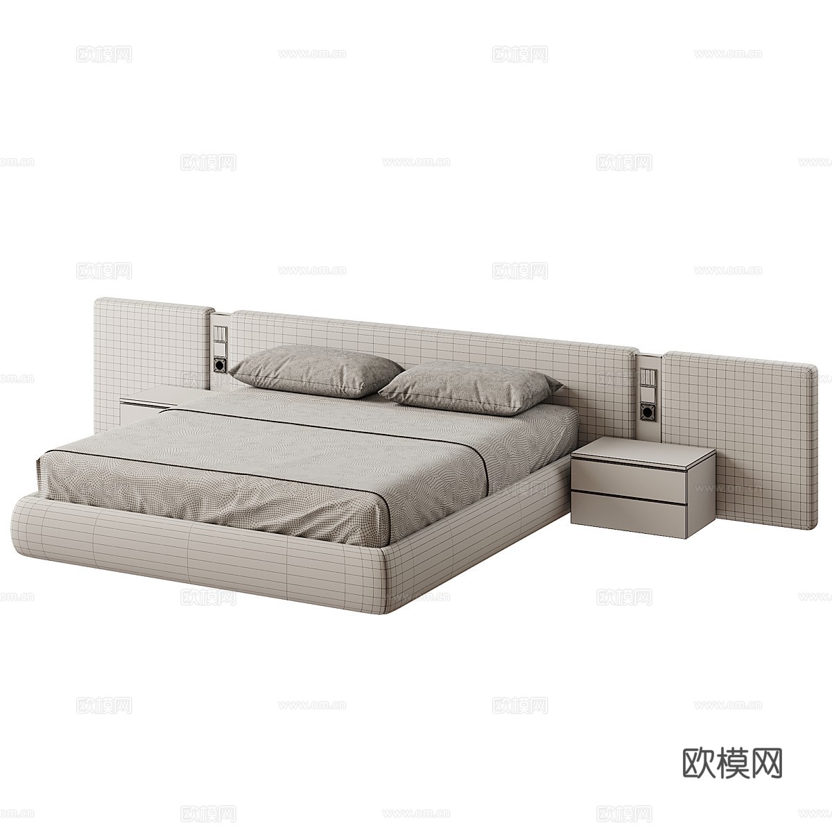 现代意式极简布艺双人床3d模型下载（渲染图3）