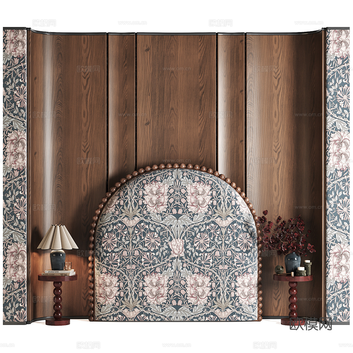 新中式中古风床头背景墙3d模型下载（渲染图1）